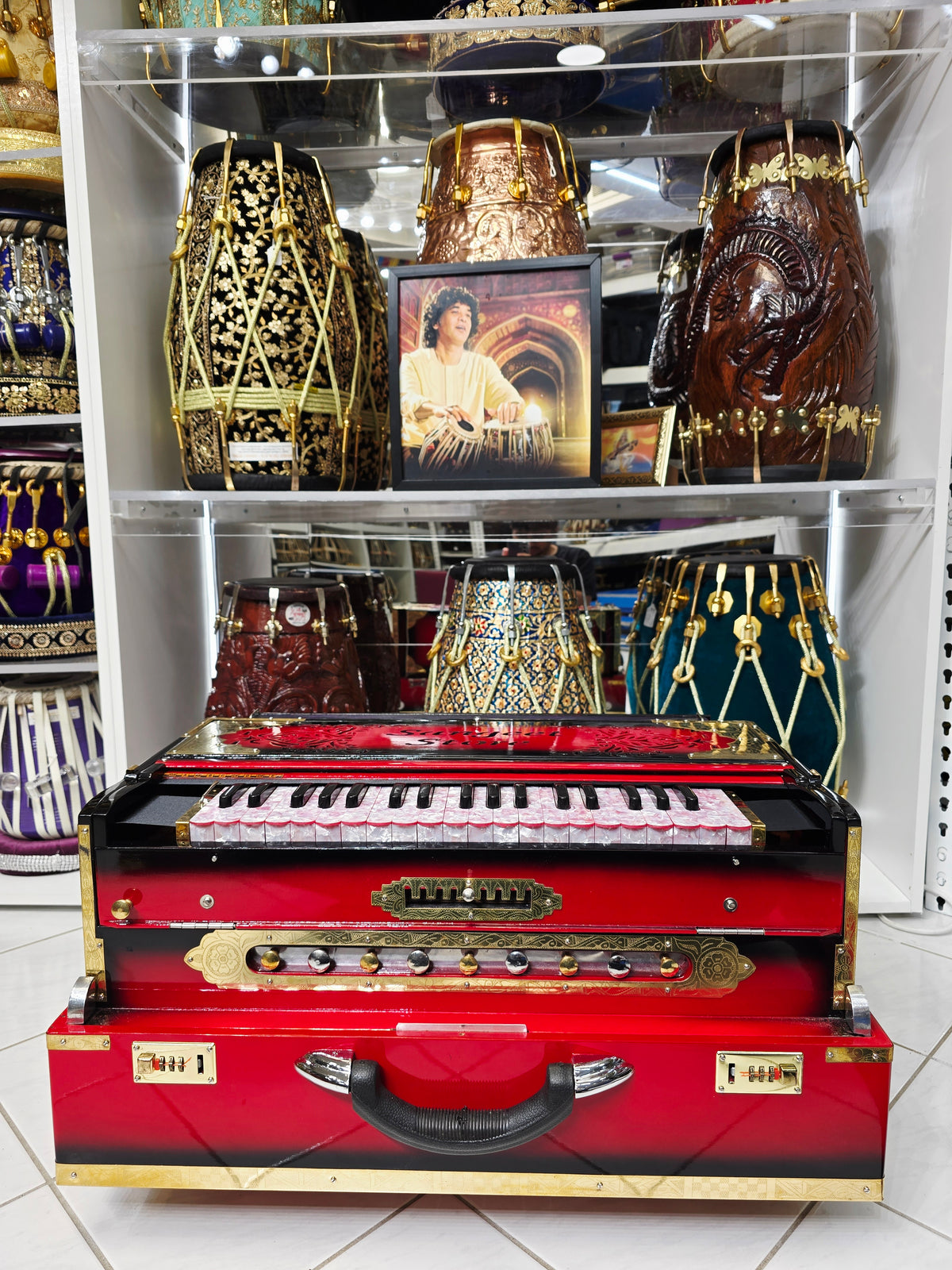 Maharaaj Flame – 3-Reed BMF 9-Scale Changer Harmonium Red & Black Blended Body with Pink Marble Keys *Minor Cosmetic Defects