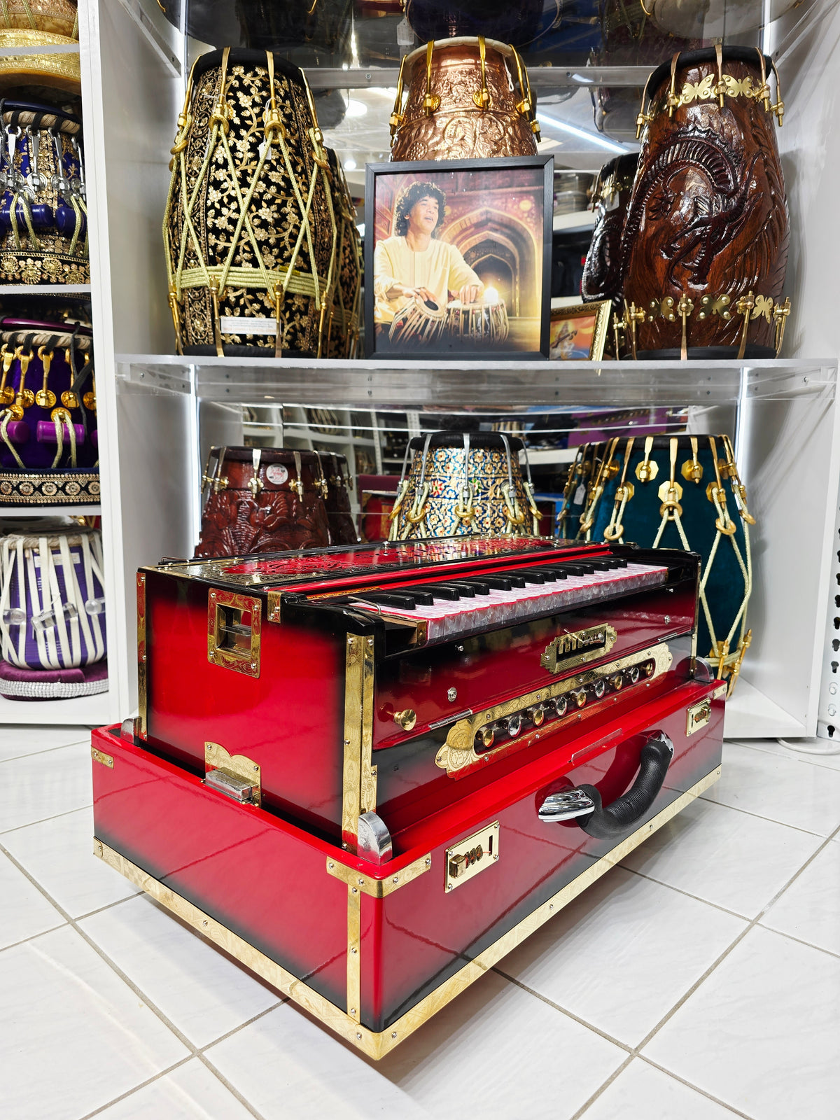 Maharaaj Flame – 3-Reed BMF 9-Scale Changer Harmonium Red & Black Blended Body with Pink Marble Keys *Minor Cosmetic Defects