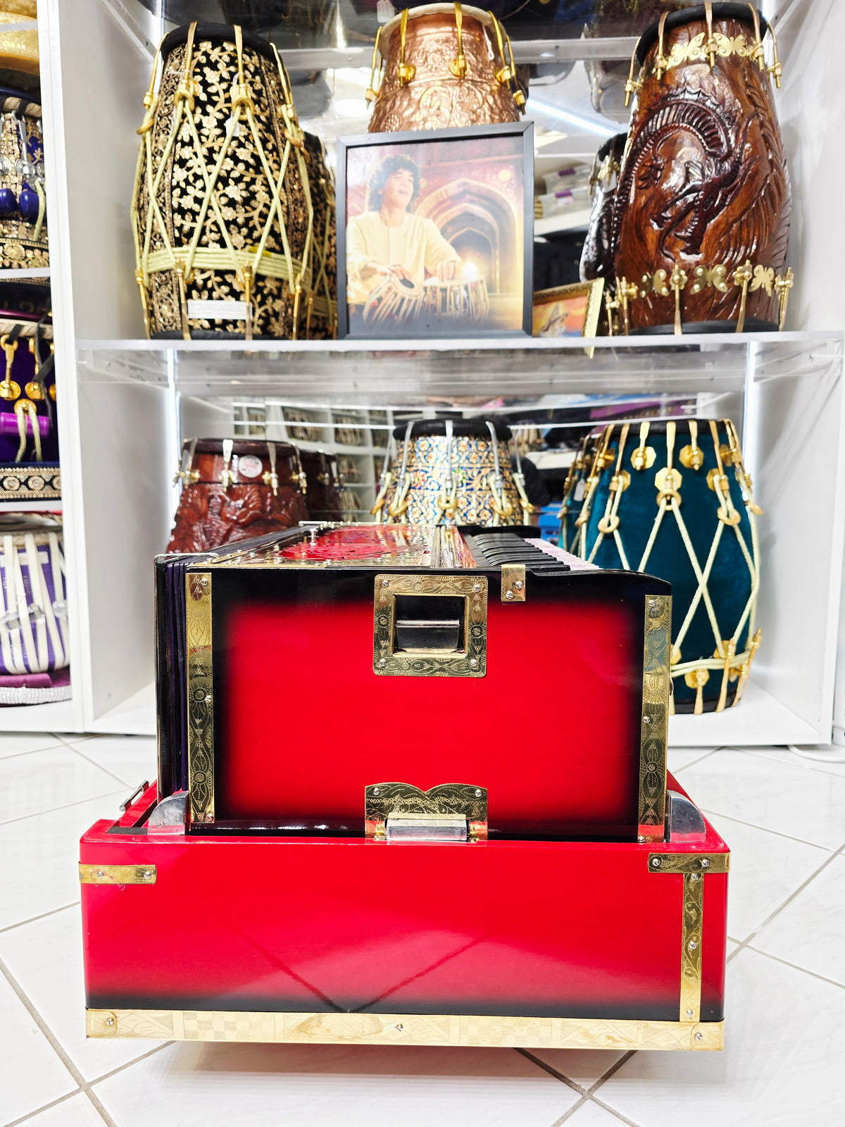 Maharaaj Flame – 3-Reed BMF 9-Scale Changer Harmonium Red & Black Blended Body with Pink Marble Keys *Minor Cosmetic Defects