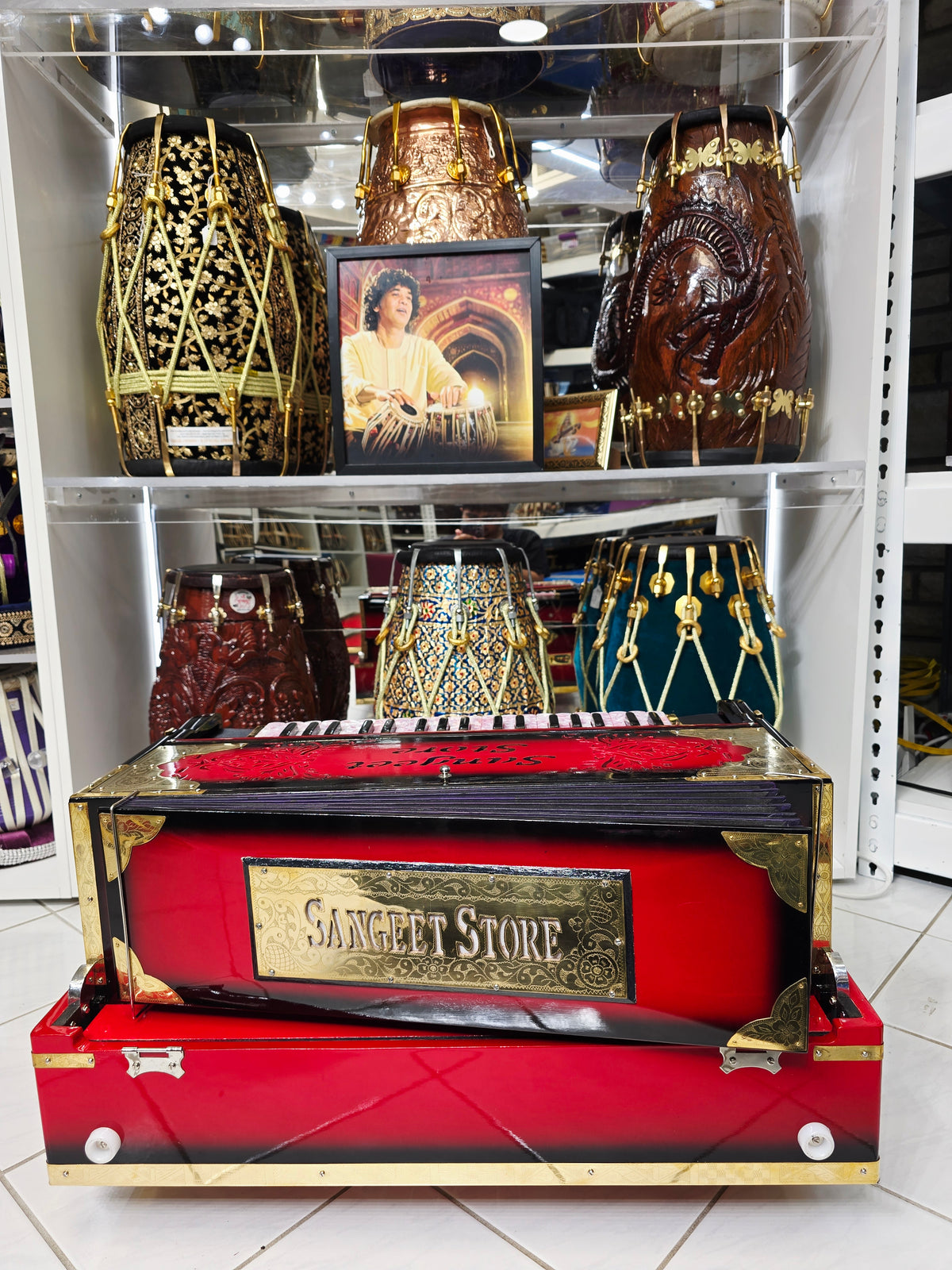 Maharaaj Flame – 3-Reed BMF 9-Scale Changer Harmonium Red & Black Blended Body with Pink Marble Keys *Minor Cosmetic Defects