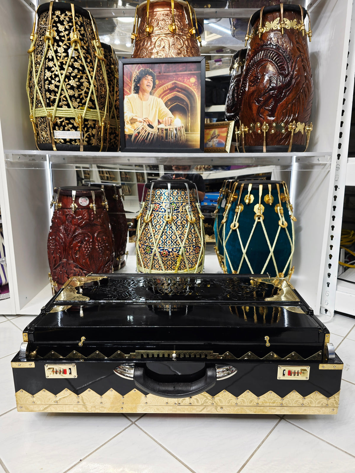 Kaala Shakti – Custom 3-Reed BMF 13-Scale Changer Harmonium | Glossy Black Finish • Extra Gold Accents • Black-on-Black Keys - Sangeet Store