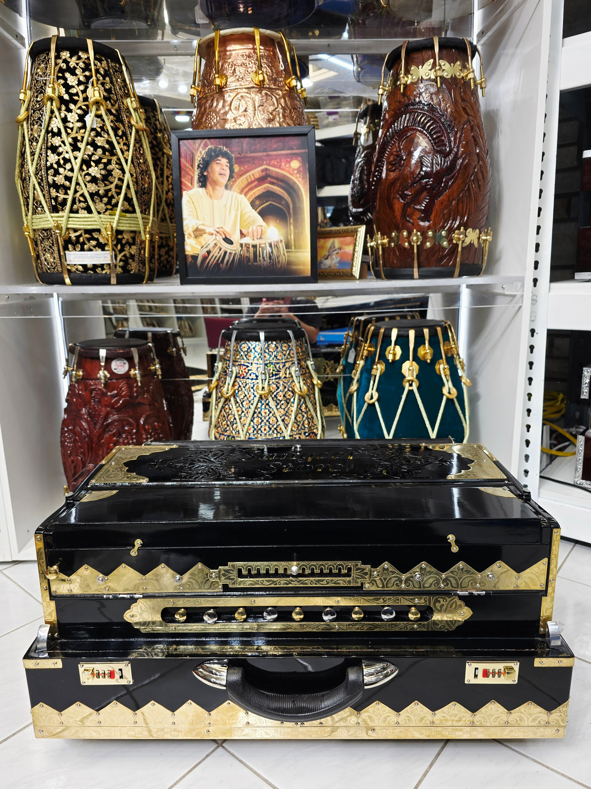 Kaala Shakti – Custom 3-Reed BMF 13-Scale Changer Harmonium | Glossy Black Finish • Extra Gold Accents • Black-on-Black Keys - Sangeet Store