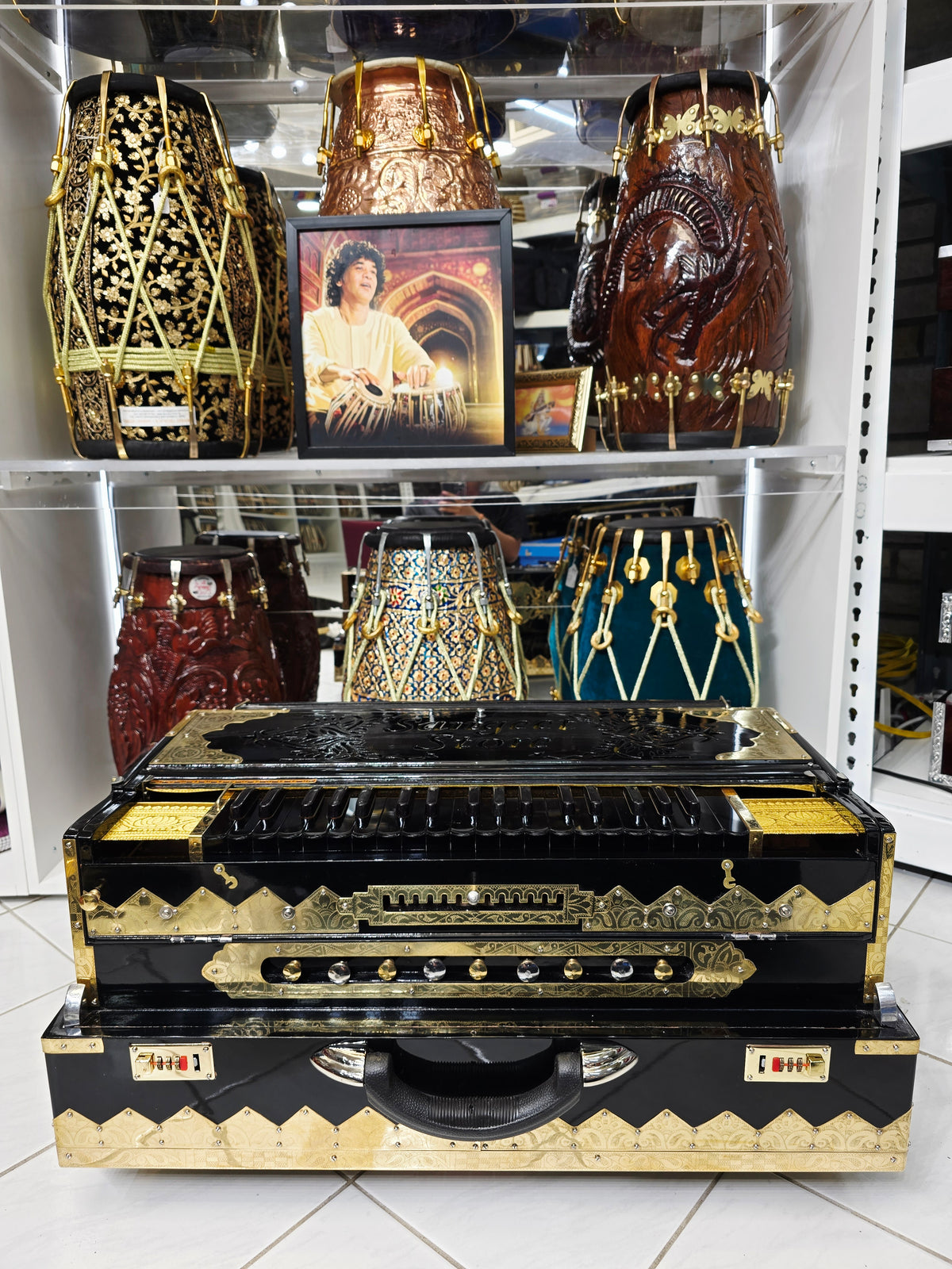 Kaala Shakti – Custom 3-Reed BMF 13-Scale Changer Harmonium | Glossy Black Finish • Extra Gold Accents • Black-on-Black Keys - Sangeet Store