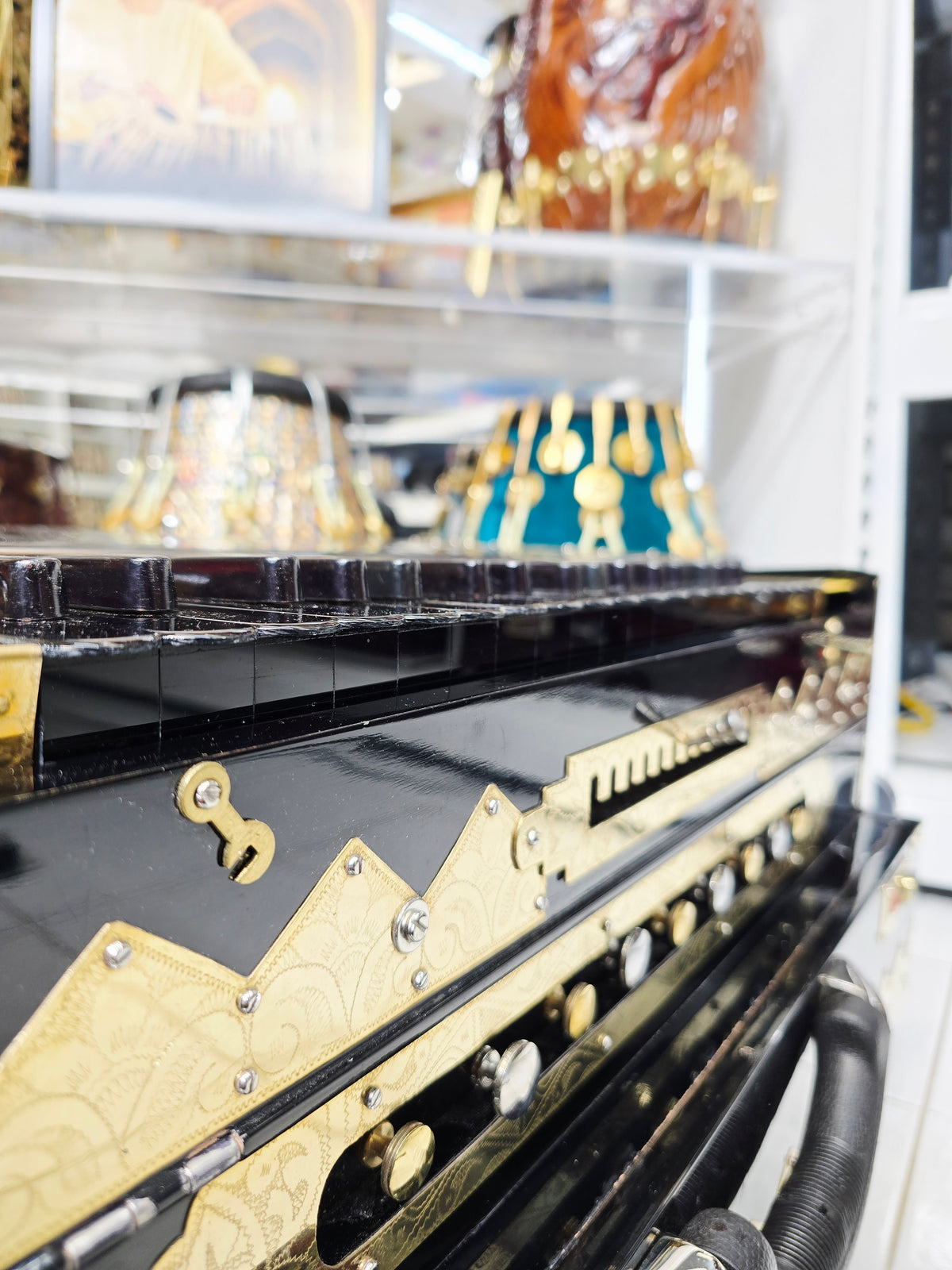 Kaala Shakti – Custom 3-Reed BMF 13-Scale Changer Harmonium | Glossy Black Finish • Extra Gold Accents • Black-on-Black Keys - Sangeet Store