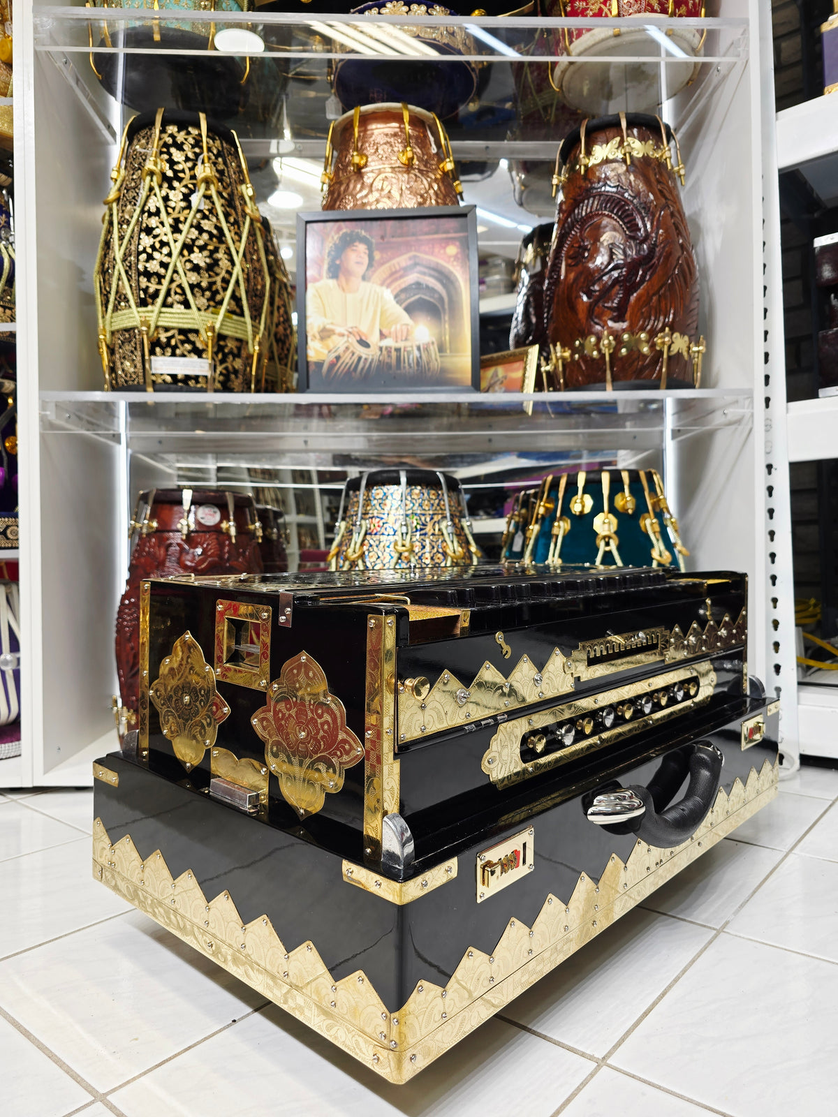 Kaala Shakti – Custom 3-Reed BMF 13-Scale Changer Harmonium | Glossy Black Finish • Extra Gold Accents • Black-on-Black Keys - Sangeet Store