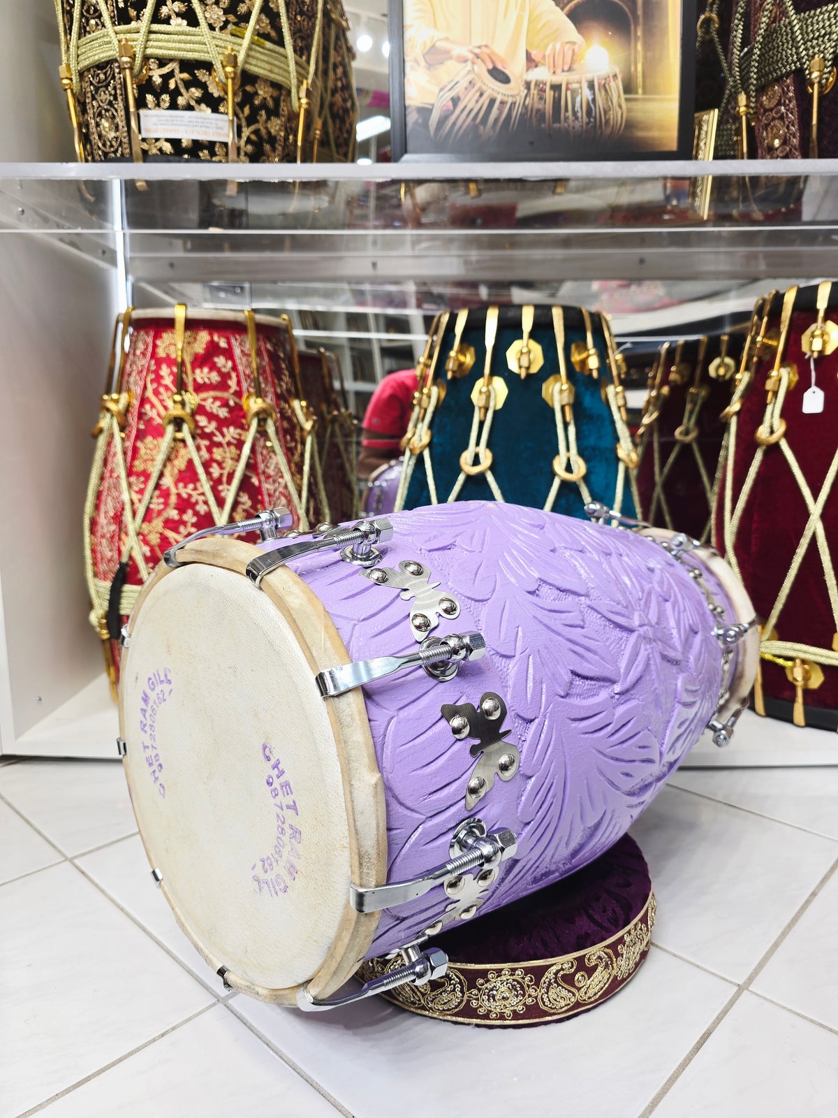 Lavanya – 15.2lbs Lavender Encarved Red Sheesham Concert Dholak | Silver Flora Hardware - Sangeet Store