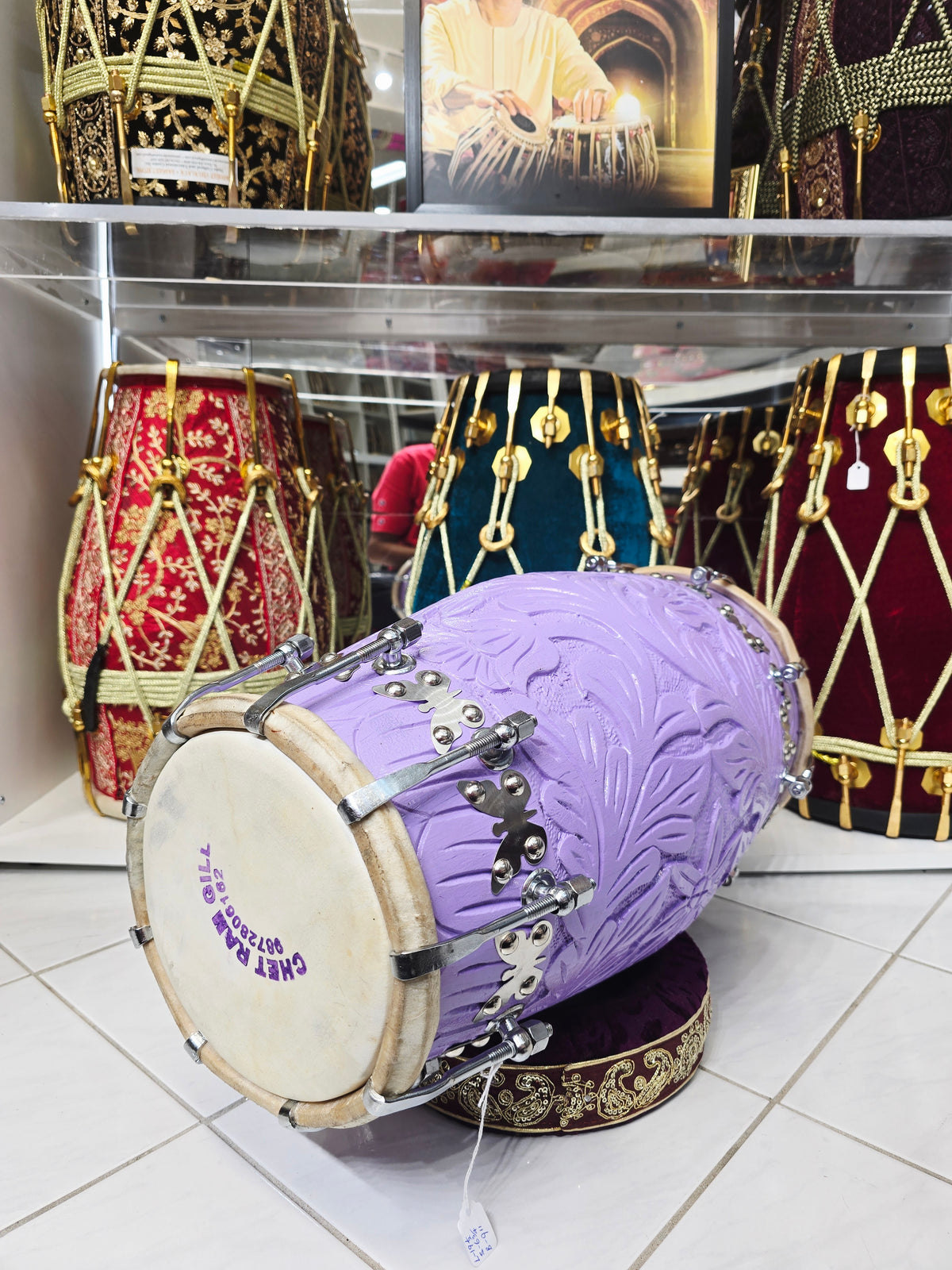 Lavanya – 15.2lbs Lavender Encarved Red Sheesham Concert Dholak | Silver Flora Hardware - Sangeet Store