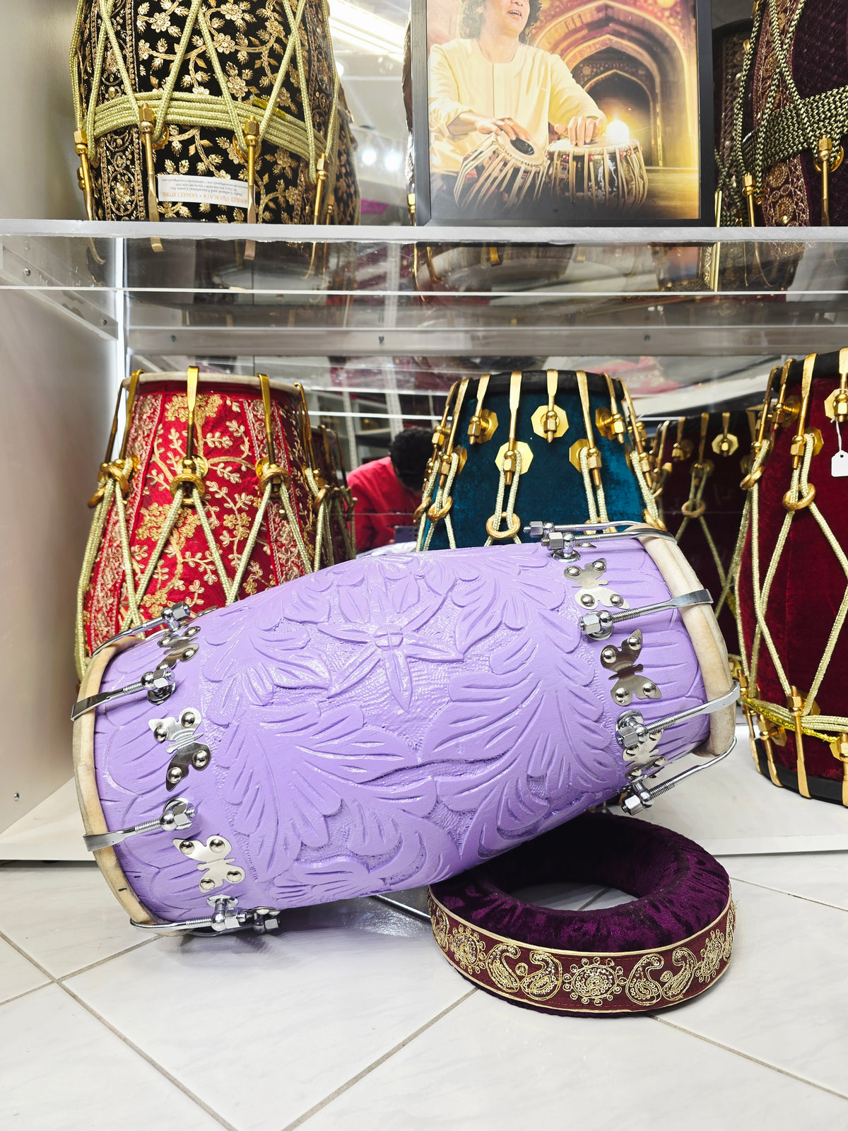 Lavanya – 15.2lbs Lavender Encarved Red Sheesham Concert Dholak | Silver Flora Hardware - Sangeet Store