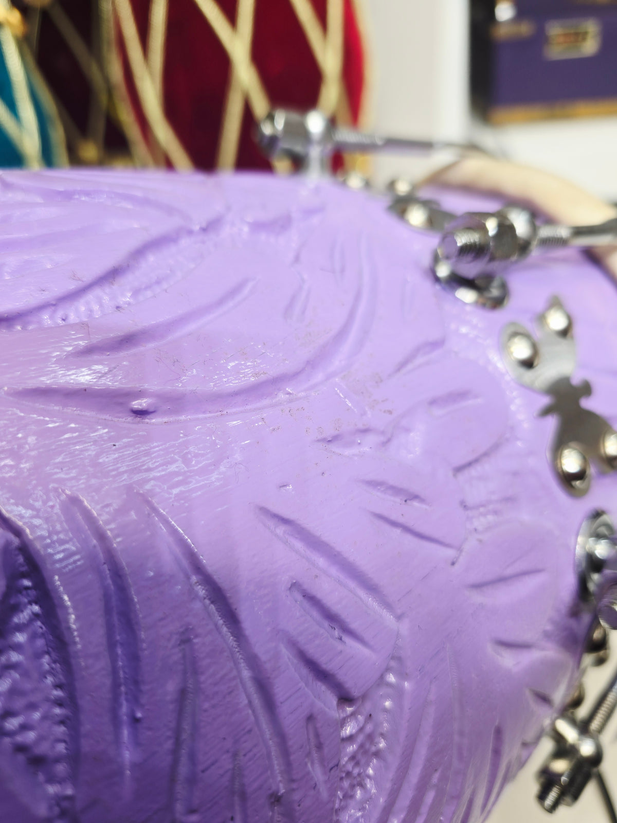Lavanya – 15.2lbs Lavender Encarved Red Sheesham Concert Dholak | Silver Flora Hardware - Sangeet Store