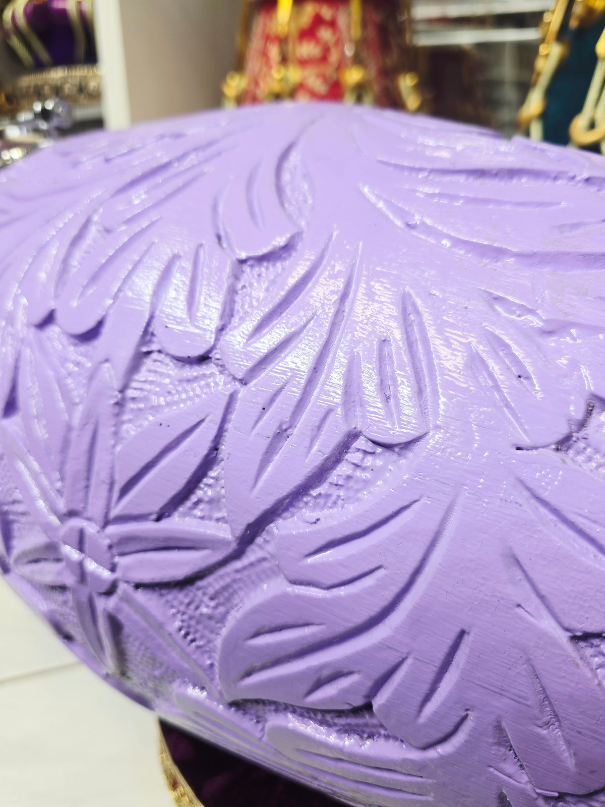 Lavanya – 15.2lbs Lavender Encarved Red Sheesham Concert Dholak | Silver Flora Hardware - Sangeet Store