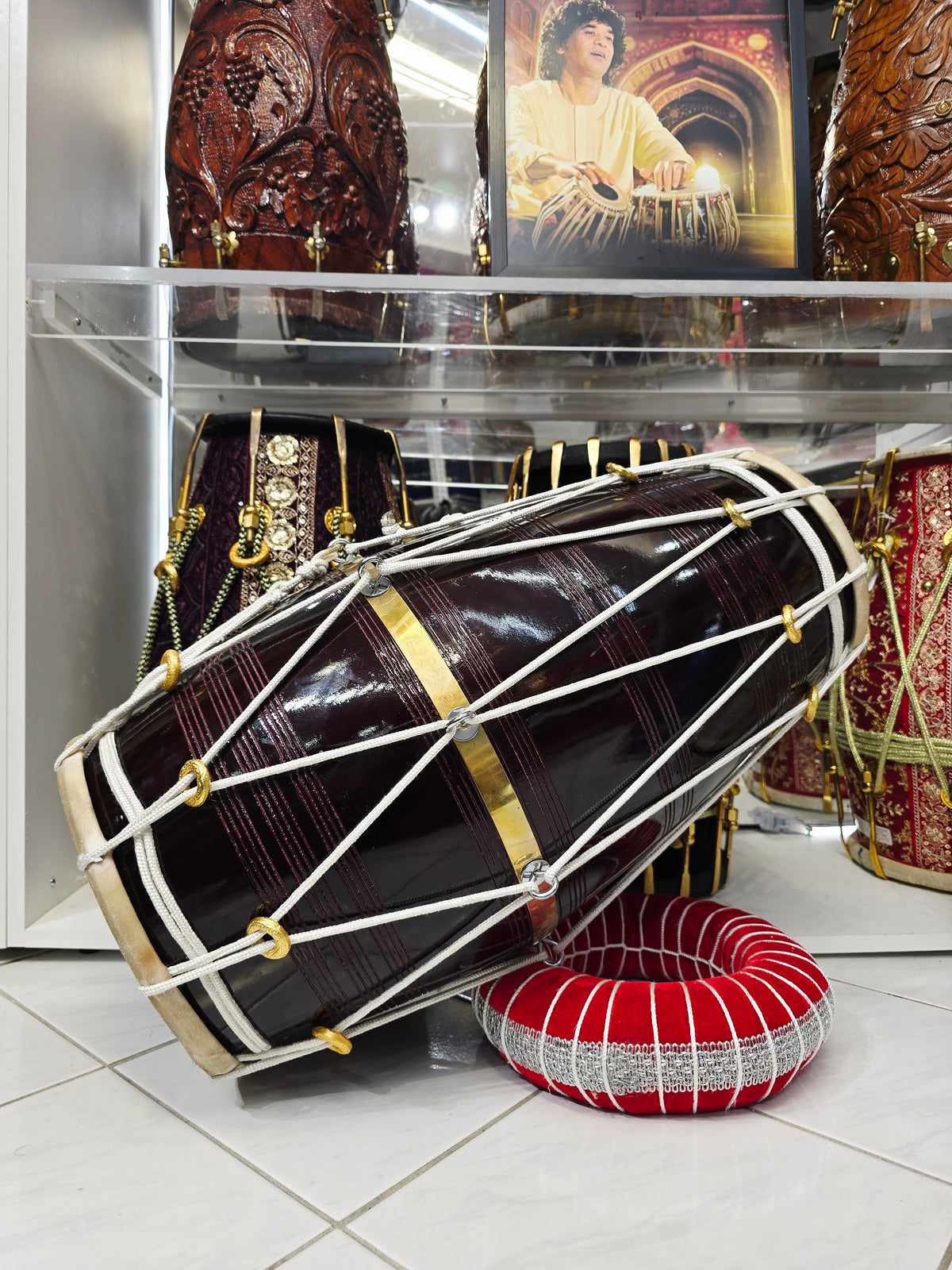 Crimson Tide – 16.4 lb Glossy Burgundy Red Sheesham West-Indian Dholak (Minor Cosmetic Defects)