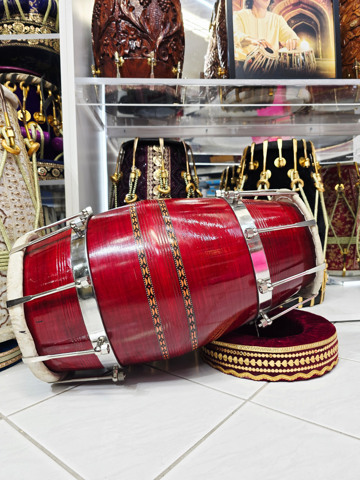 Cardinal Titan – Heavyweight Red Sheesham Concert-Quality Dholak with Normal Skins & Thin-Rimmed Treble