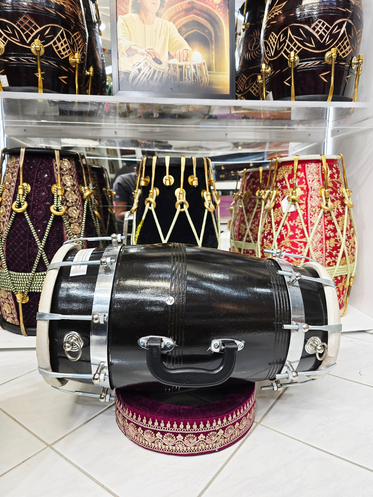 The Onyx Sonic Dholak - A Black Professional Red Sheesham Dholak with Chrome Bolts, Metal Rings and a Handle! Adj for Expedited shipping
