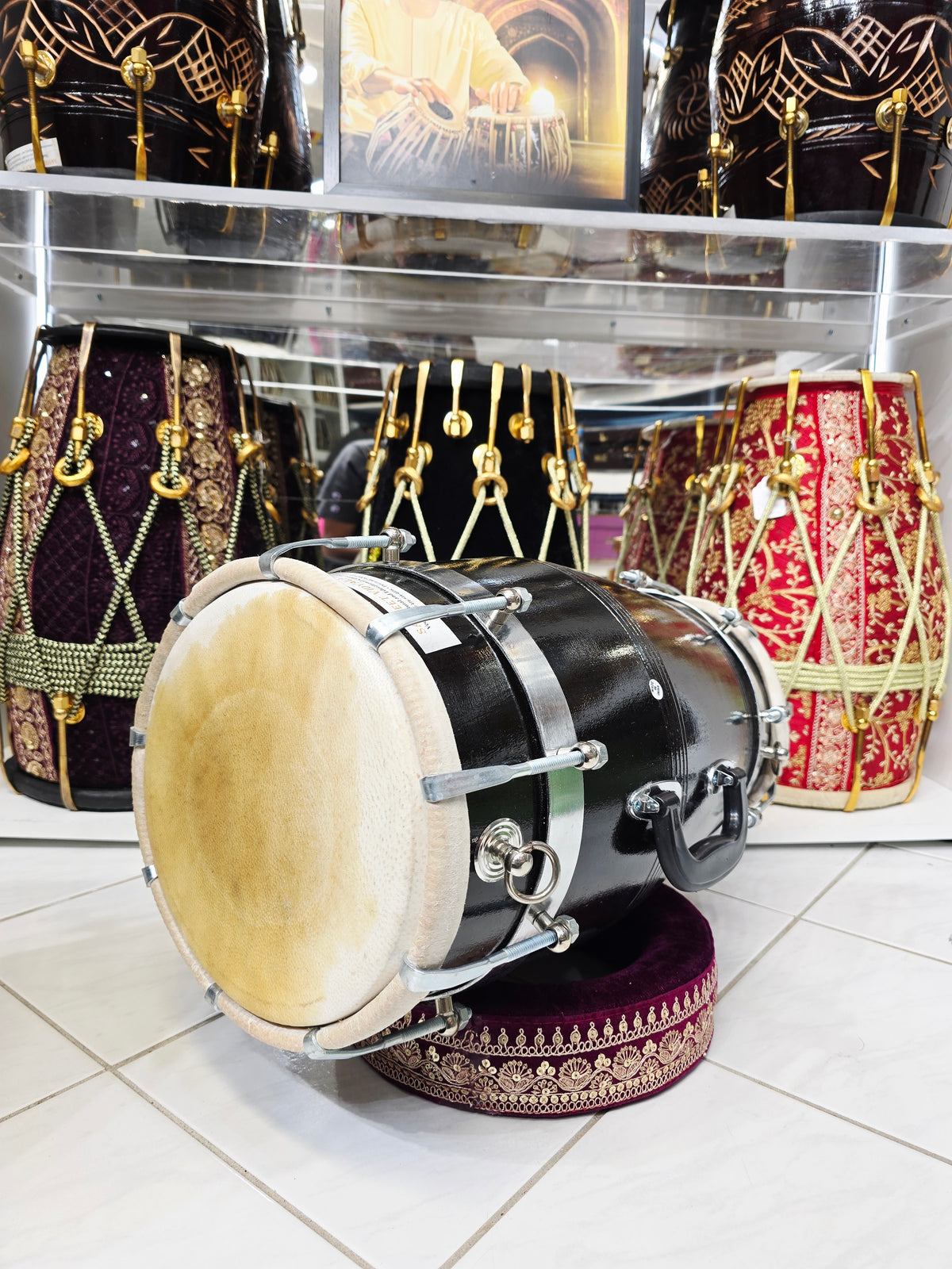 The Onyx Sonic Dholak - A Black Professional Red Sheesham Dholak with Chrome Bolts, Metal Rings and a Handle! Adj for Expedited shipping