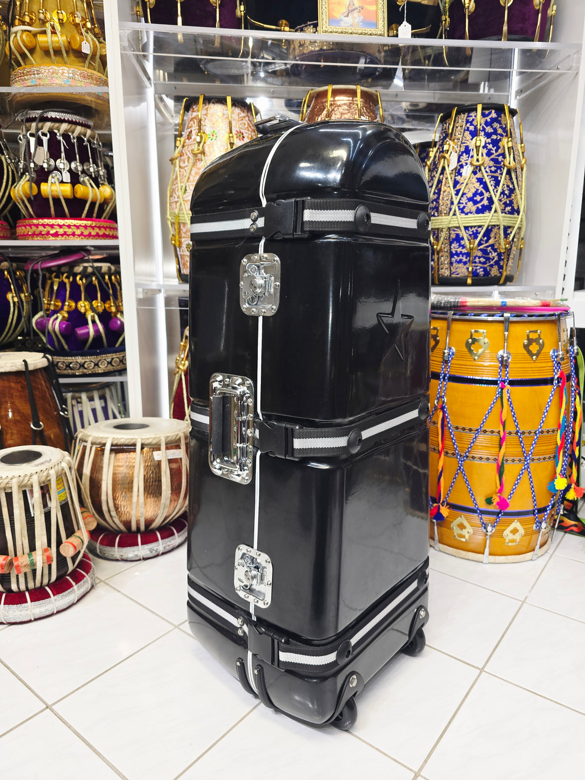 Rhythmic Guardian: Premium Black 3-Piece Tabla/Dholak Case with Versatile Straps, Secure Locks, and Red Felt Interior