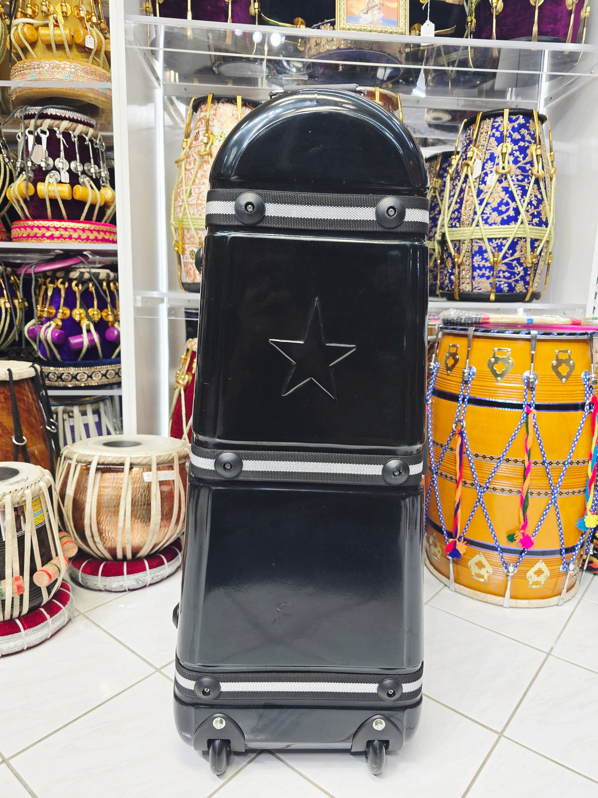 Rhythmic Guardian: Premium Black 3-Piece Tabla/Dholak Case with Versatile Straps, Secure Locks, and Red Felt Interior - Sangeet Store