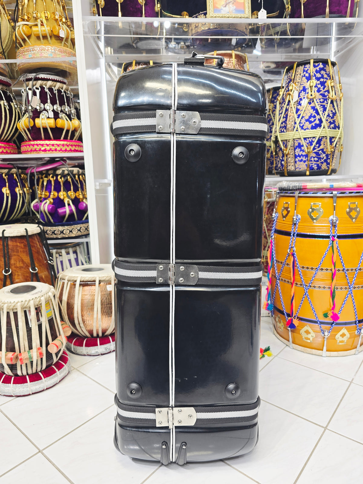 Rhythmic Guardian: Premium Black 3-Piece Tabla/Dholak Case with Versatile Straps, Secure Locks, and Red Felt Interior - Sangeet Store