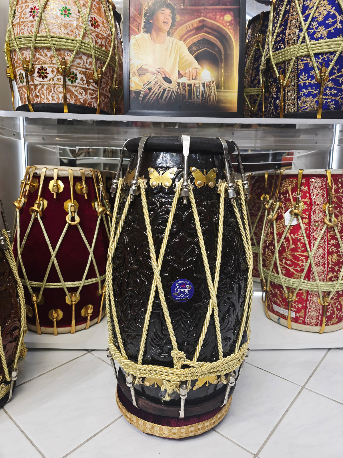 Custom Link for Chris: Maa Ambika Shadowflame Dholak (Including Sea Shipping to Guyana + Dandtaal) | 20.8 lbs Encarved Red Sheesham, Black Skins *Cosmetic Defects on Treble Skin