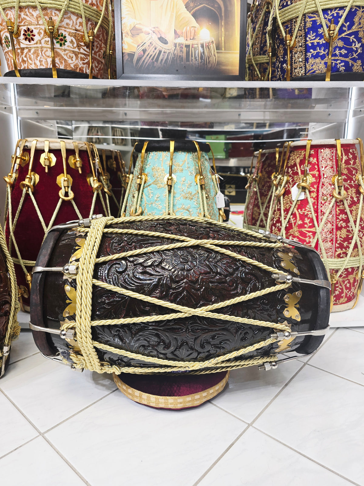 Custom Link for Chris: Maa Ambika Shadowflame Dholak (Including Sea Shipping to Guyana + Dandtaal) | 20.8 lbs Encarved Red Sheesham, Black Skins *Cosmetic Defects on Treble Skin