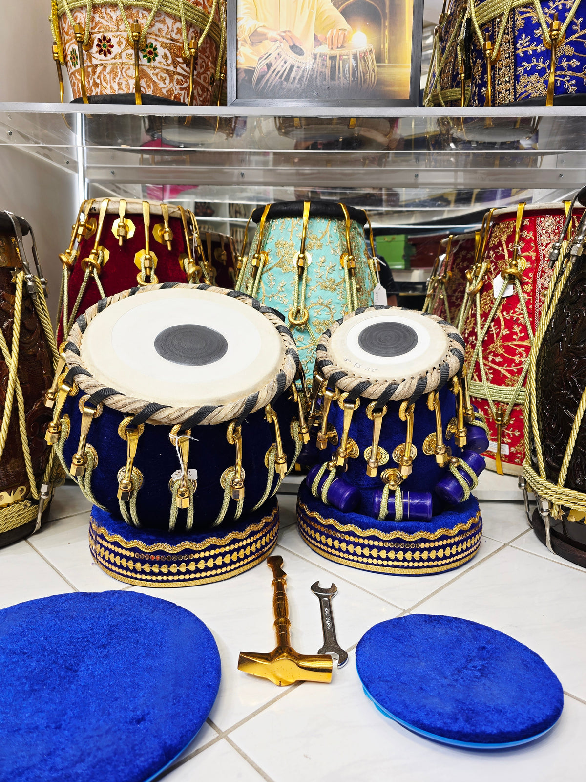 Azure Harmony Tabla Set – 5.5" Red Sheesham Dayan (C/C#) & 9.25" Copper Bayan Wrapped in Blue Velvet