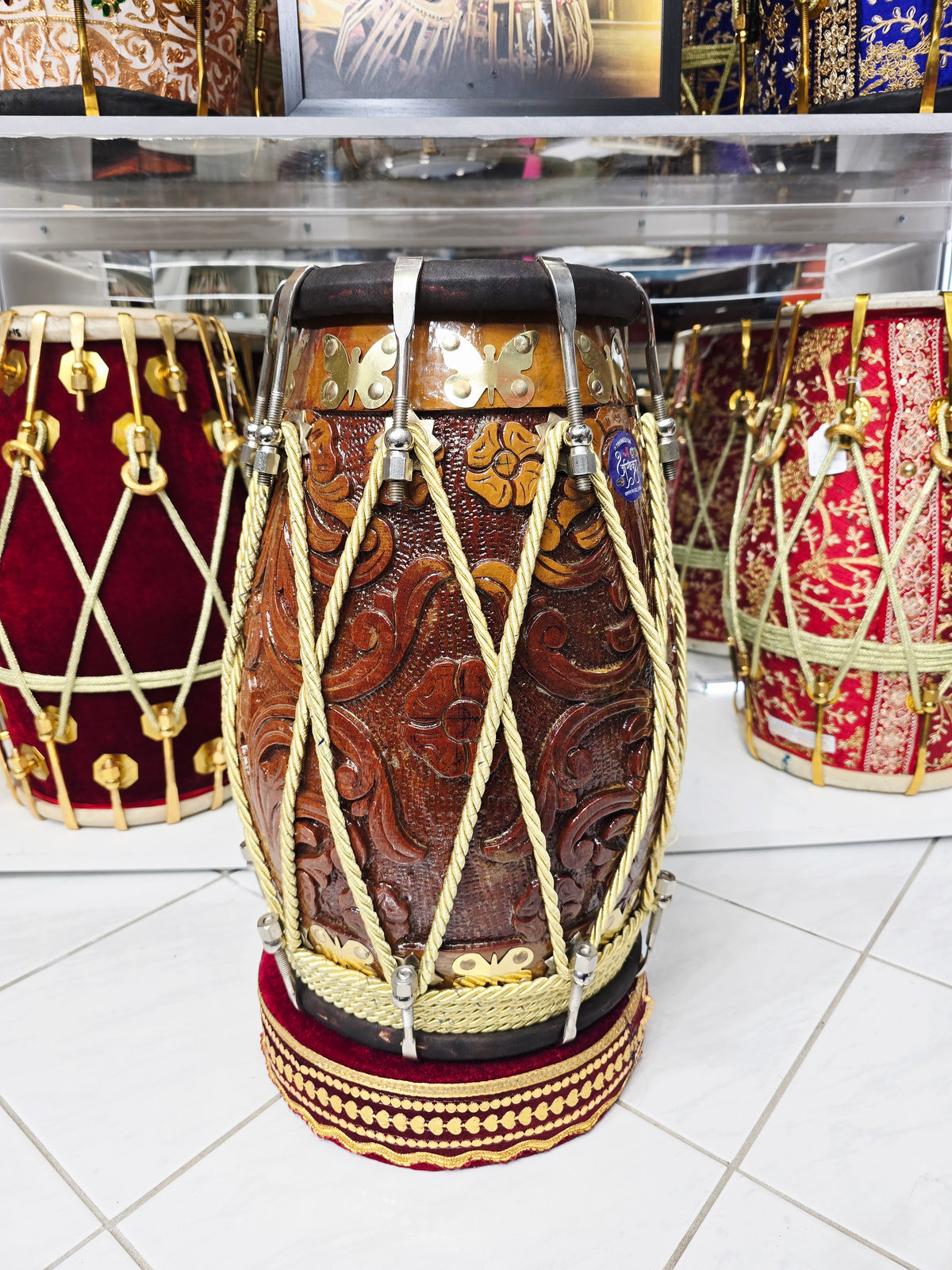 Maa Ambika VeenaFlame Dholak | 18.4 lbs Bijessar Wood, Encarved *Very Minor Cosmetic Blemishes