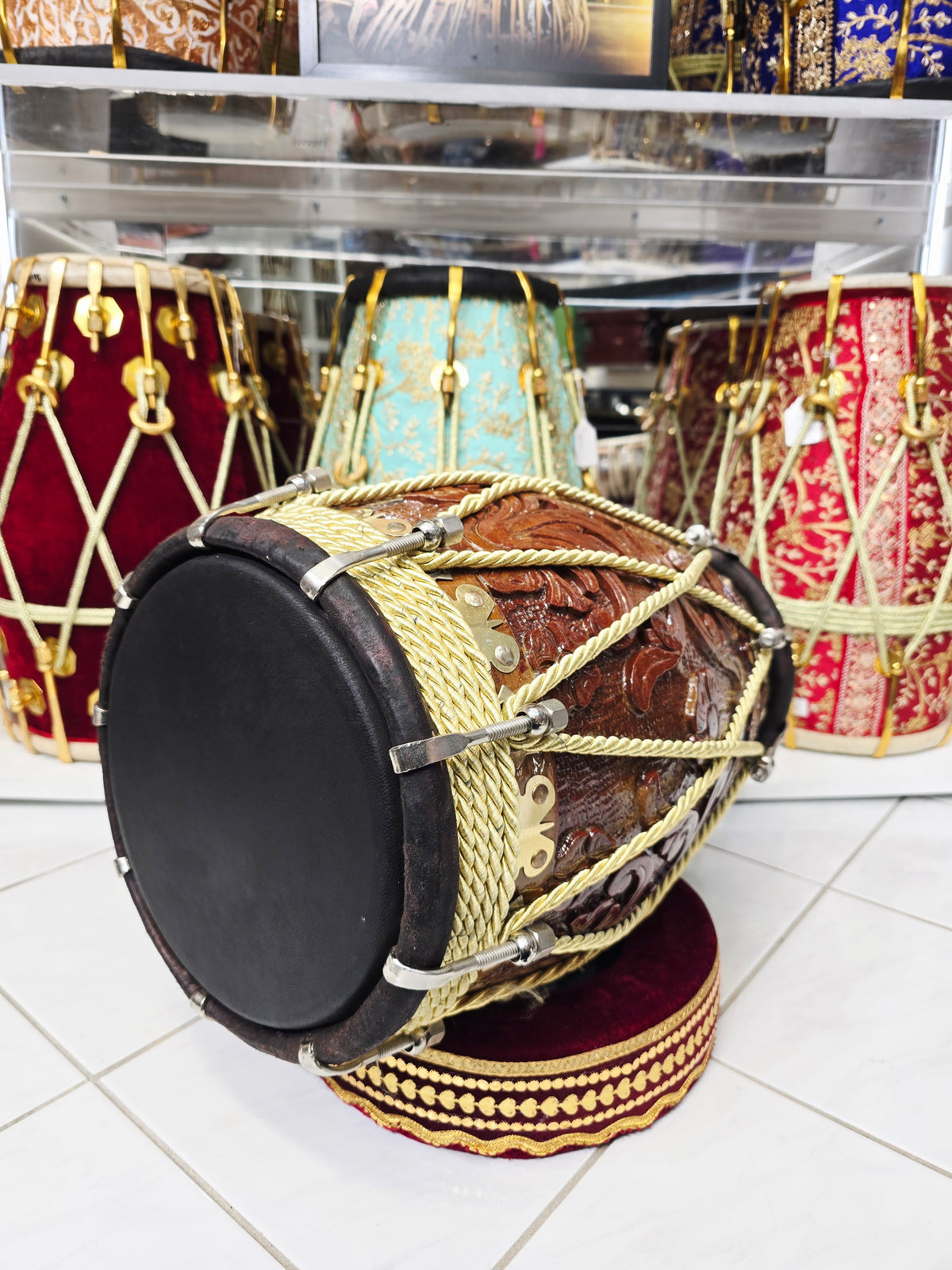 Maa Ambika VeenaFlame Dholak | 18.4 lbs Bijessar Wood, Encarved *Very Minor Cosmetic Blemishes