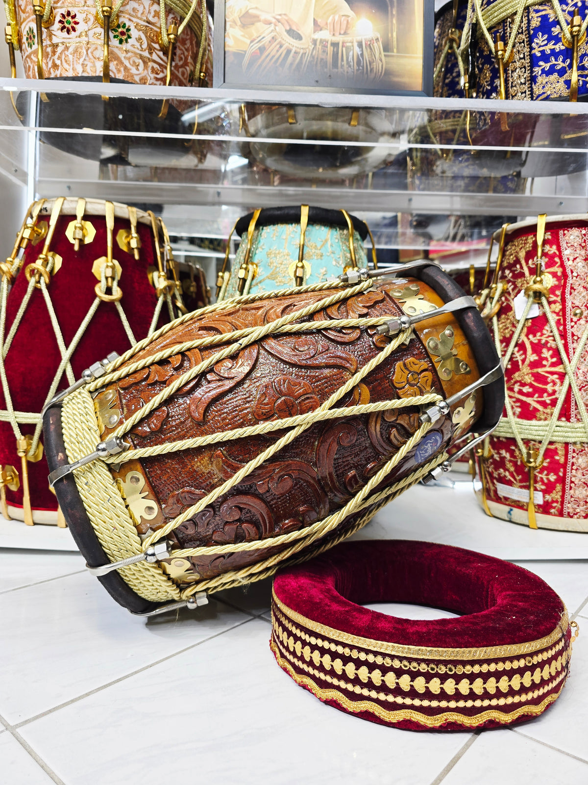 Maa Ambika VeenaFlame Dholak | 18.4 lbs Bijessar Wood, Encarved *Very Minor Cosmetic Blemishes