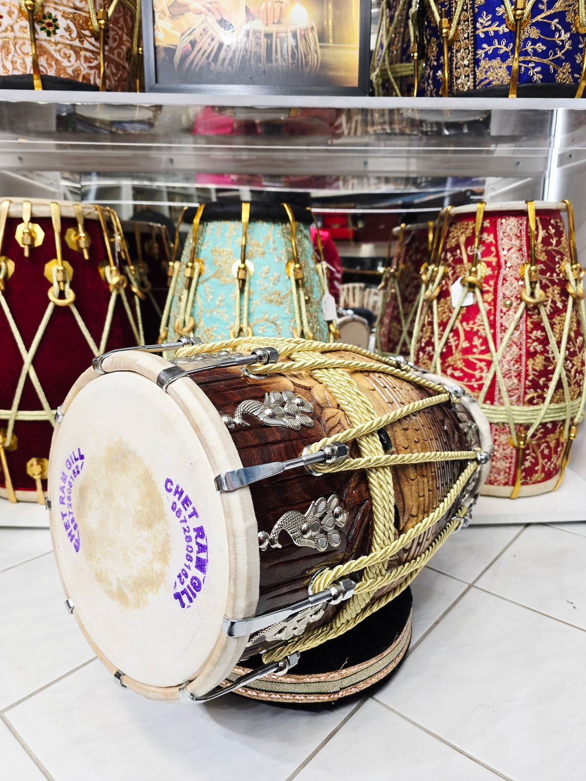Surya Vein — 14 lbs Encarved Red Sheesham Chetram Gill Dholak *Adjusted for Ajit