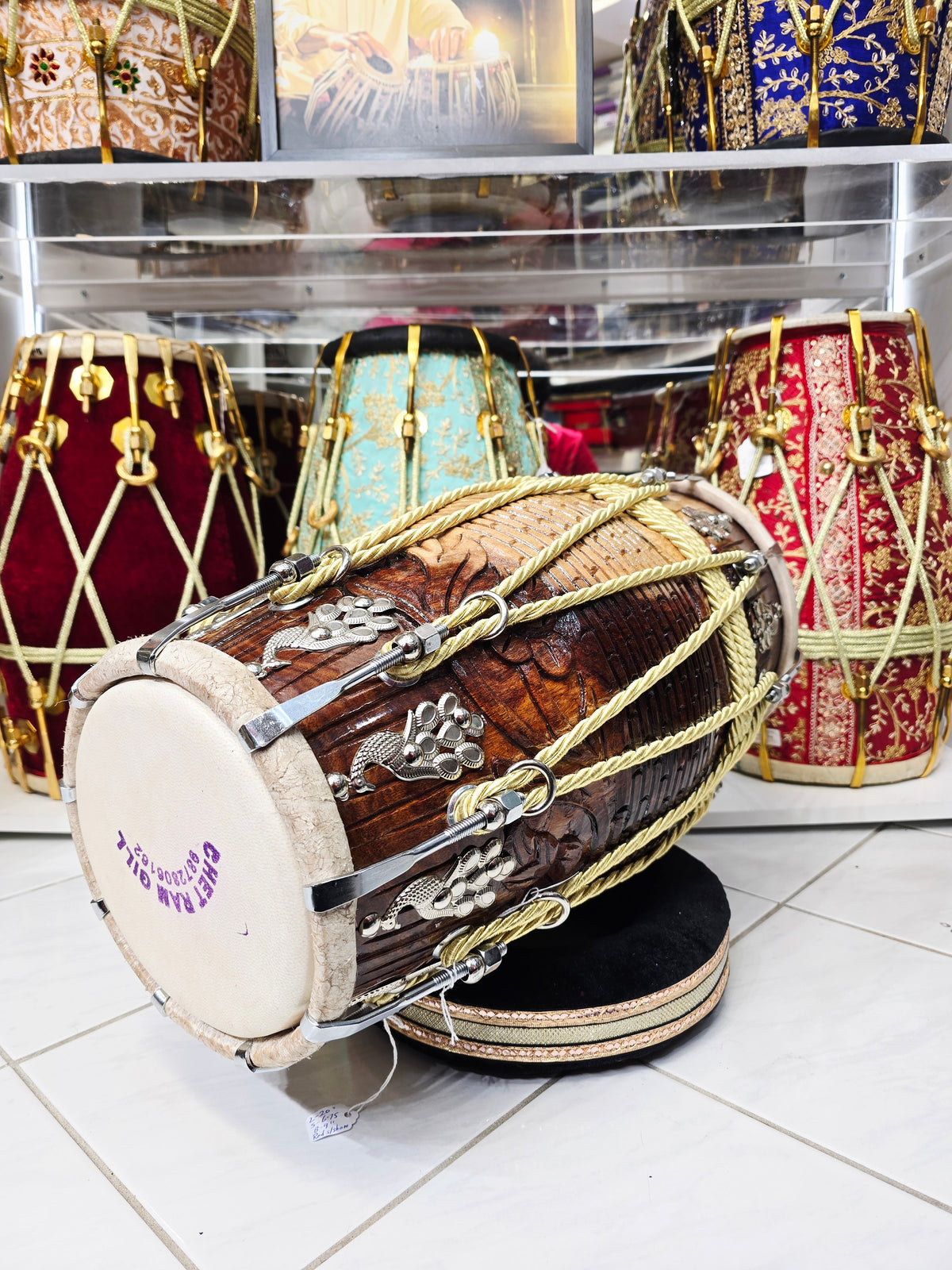 Surya Vein — 14 lbs Encarved Red Sheesham Chetram Gill Dholak *Adjusted for Ajit