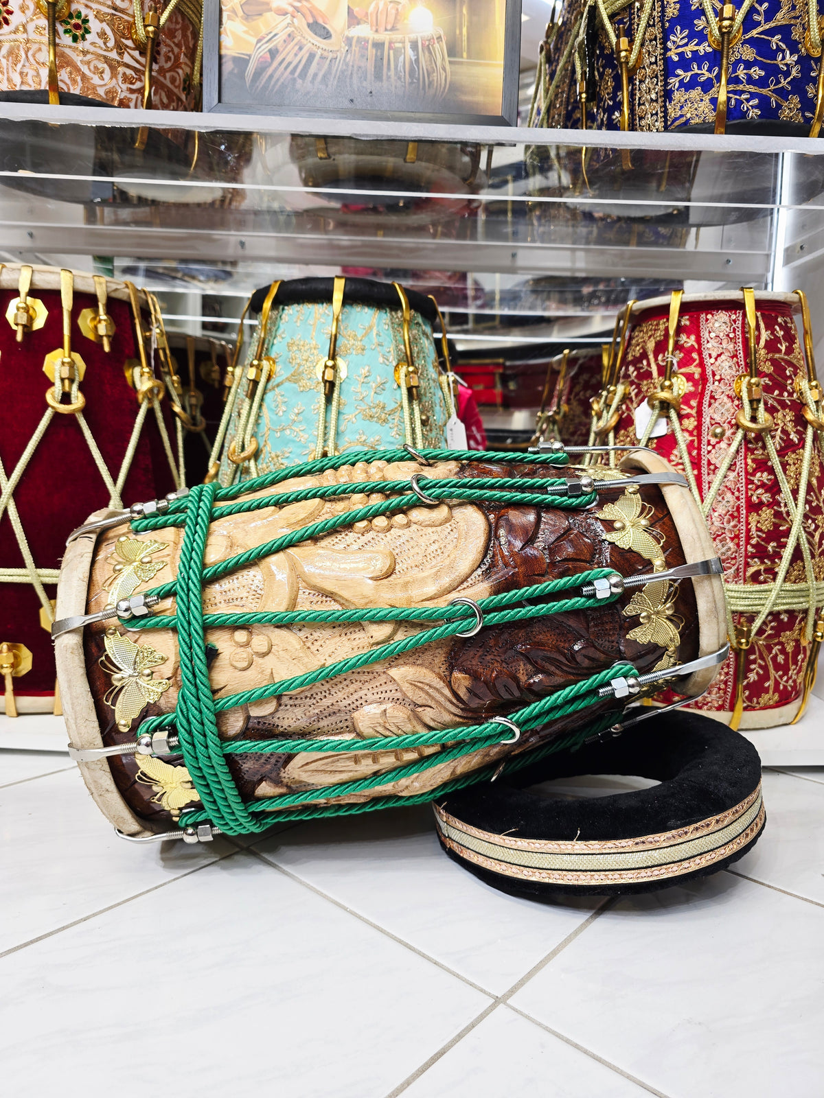 Emerald Bloom — 13 lbs Encarved Red Sheesham Dholak with Green Ropes & Golden Accents *Mediocre Sound
