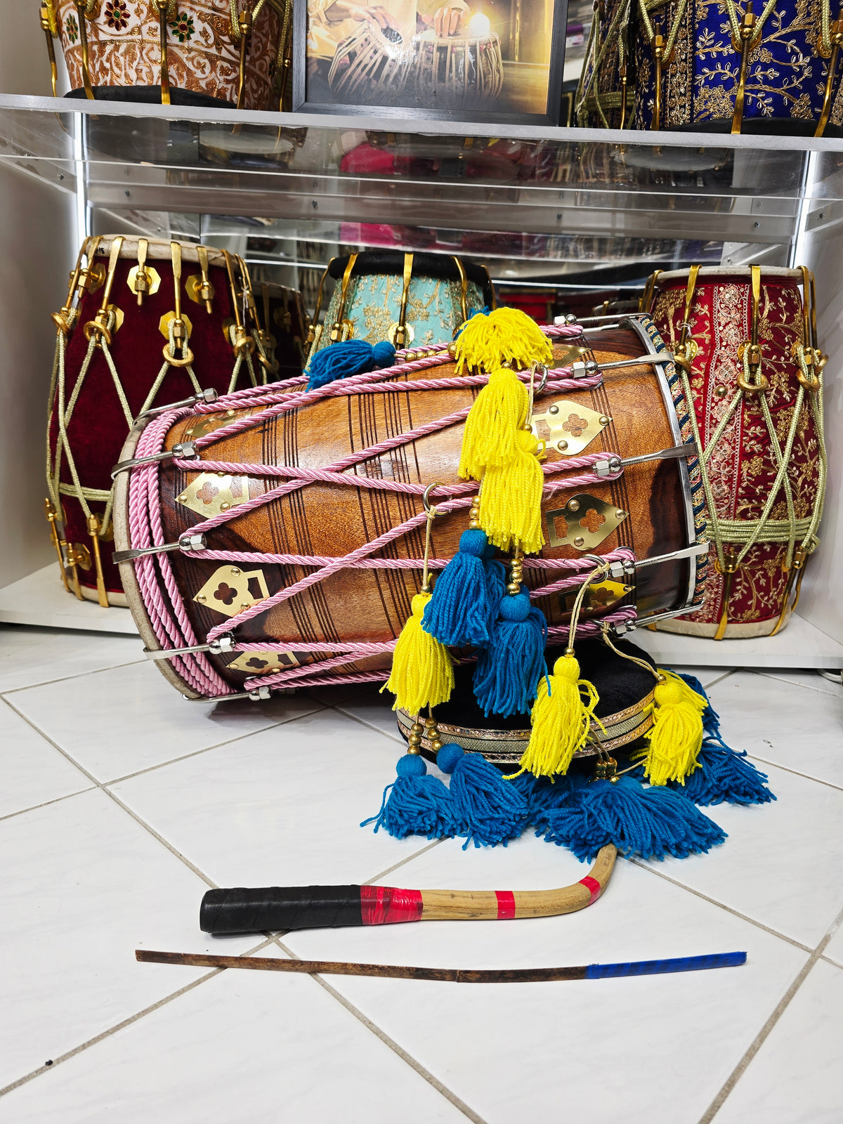 Meghraaj — 20.25" long,  Mid-Sized Red Sheesham Punjabi Dhol with Blue & Yellow Tassels *Exceptional Sound