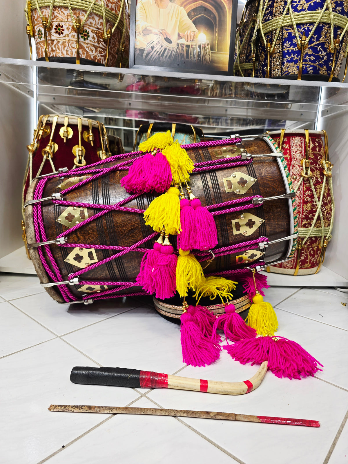 Surya Dhamaka — 22.5" long,  Mid-Sized Red Sheesham Punjabi Dhol with Magenta & Yellow Tassels *Exceptional Sound