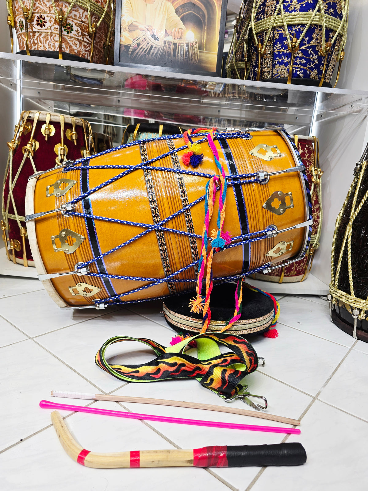 Amraang — 23.25" Long, Mango Wood Punjabi Dhol with Blue Ropes & Multicolor Tassels *Minor Cosmetic Defects| Adjusted for Expedited Shipping (Metun)