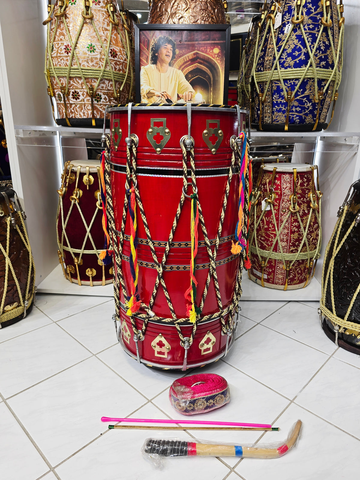 Lalvaaj — 25" Long, Red Painted Mango Wood Punjabi Dhol *Minor Cosmetic Defects *Plastic Bass Skin