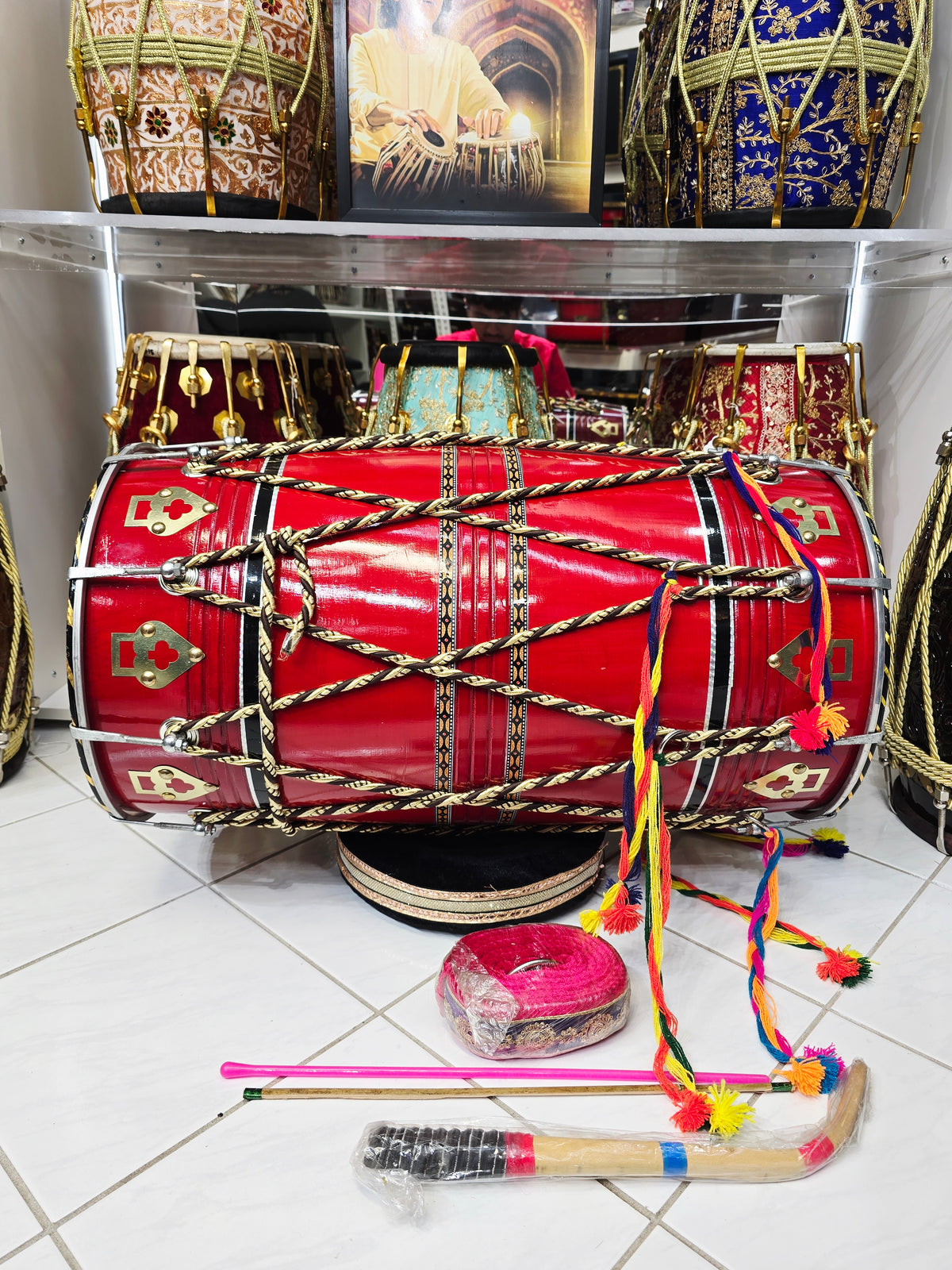 Lalvaaj — 25" Long, Red Painted Mango Wood Punjabi Dhol *Minor Cosmetic Defects *Plastic Bass Skin