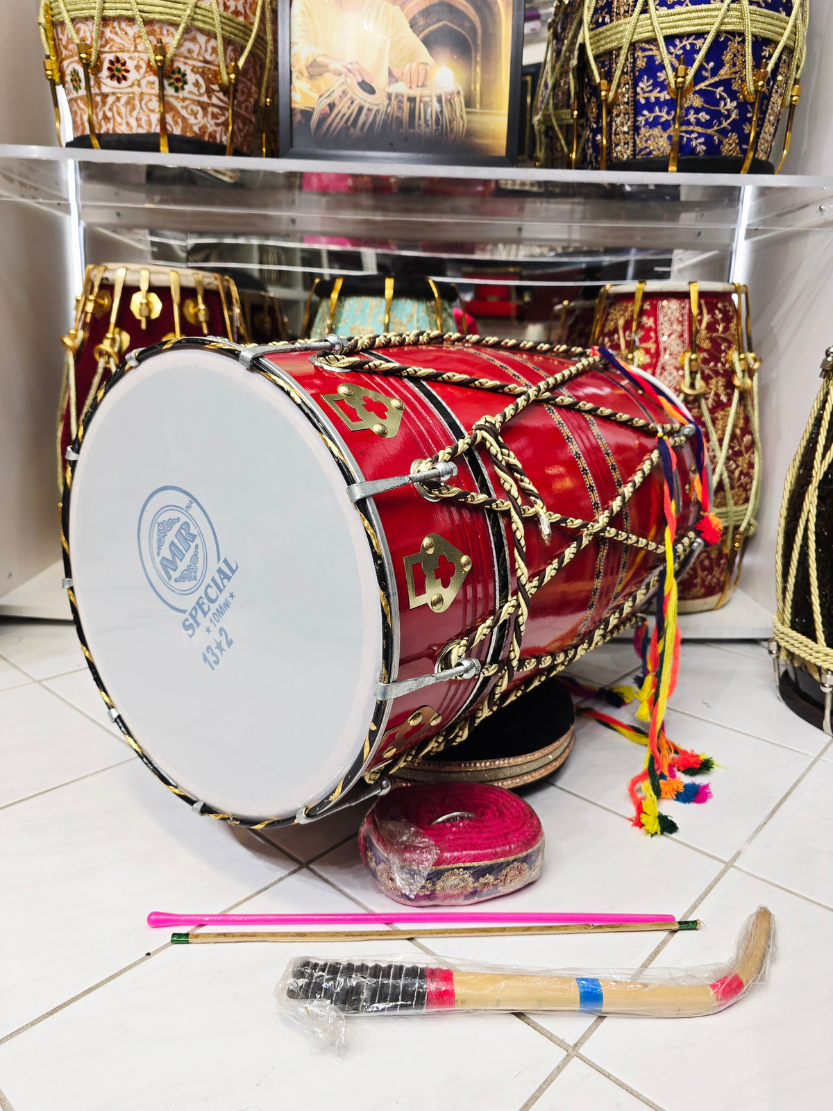 Lalvaaj — 25" Long, Red Painted Mango Wood Punjabi Dhol *Minor Cosmetic Defects *Plastic Bass Skin