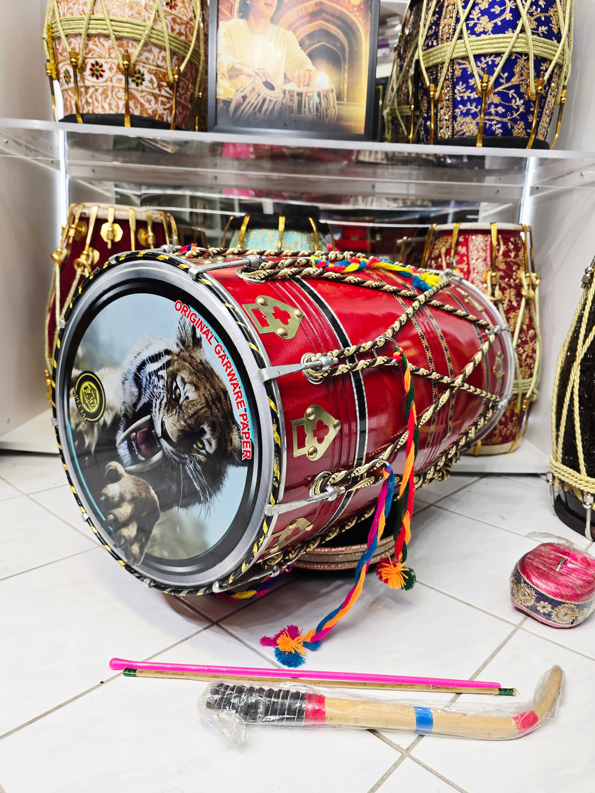 Lalvaaj — 25" Long, Red Painted Mango Wood Punjabi Dhol *Minor Cosmetic Defects *Plastic Bass Skin