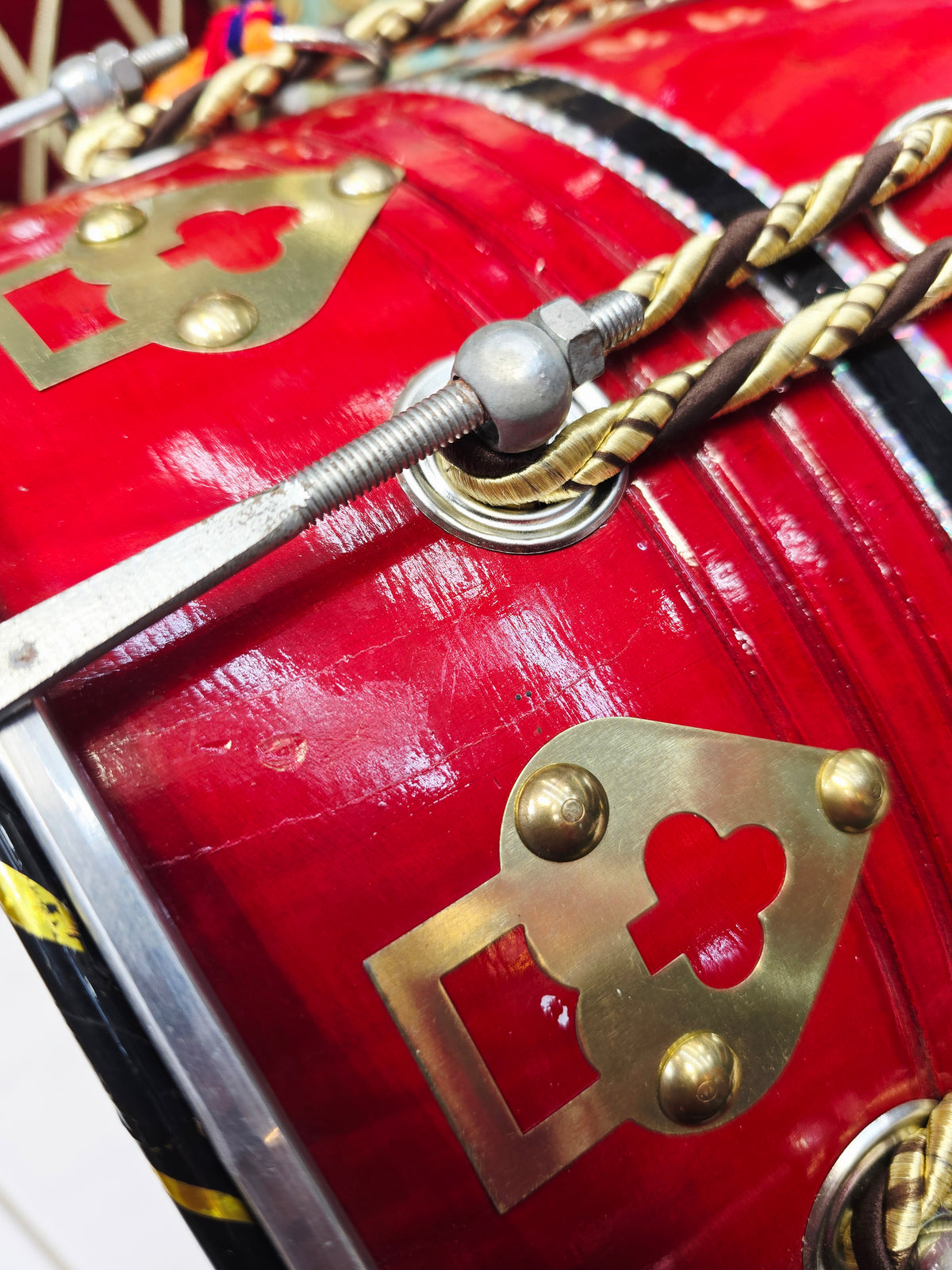 Lalvaaj — 25" Long, Red Painted Mango Wood Punjabi Dhol *Minor Cosmetic Defects *Plastic Bass Skin