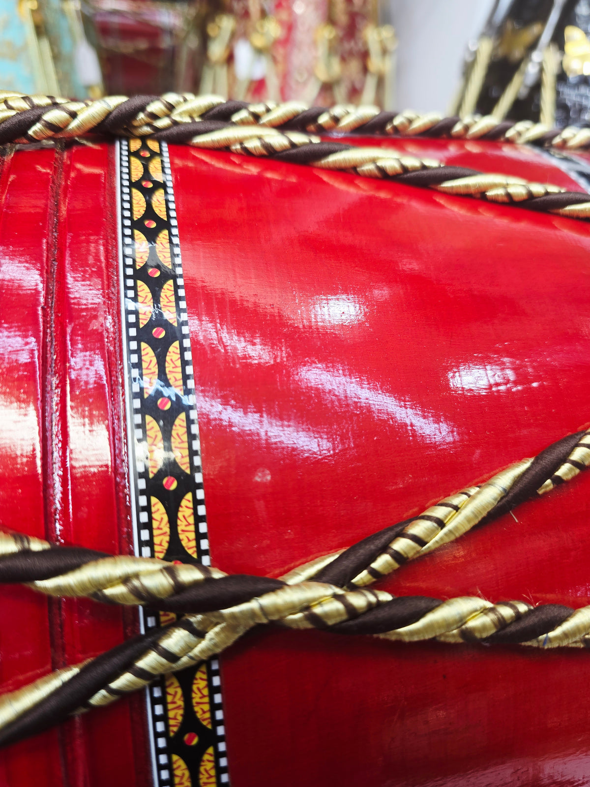 Lalvaaj — 25" Long, Red Painted Mango Wood Punjabi Dhol *Minor Cosmetic Defects *Plastic Bass Skin
