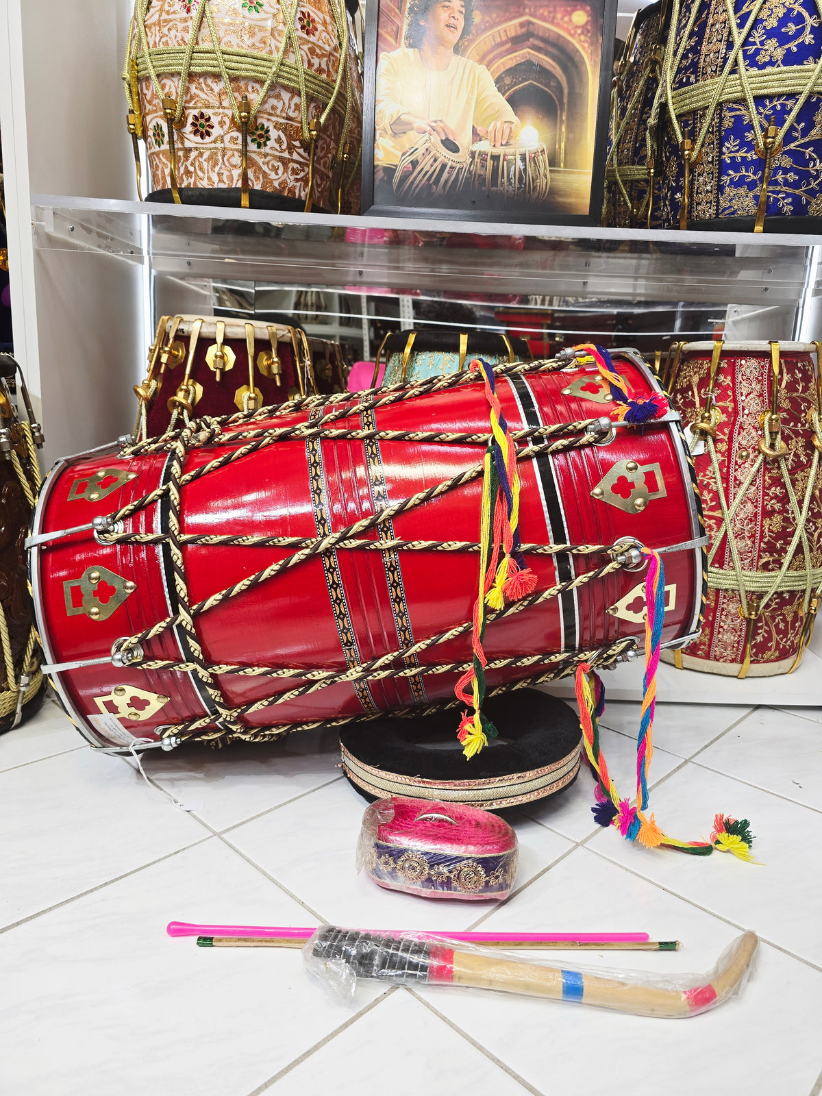 Lalvaaj — 25" Long, Red Painted Mango Wood Punjabi Dhol *Minor Cosmetic Defects *Plastic Bass Skin