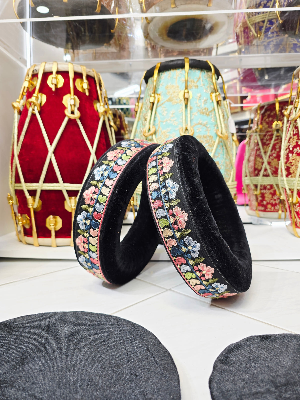 Phoolkari Guard — Tabla Rings with Floral Embroidered Velvet Bases & Protective Covers