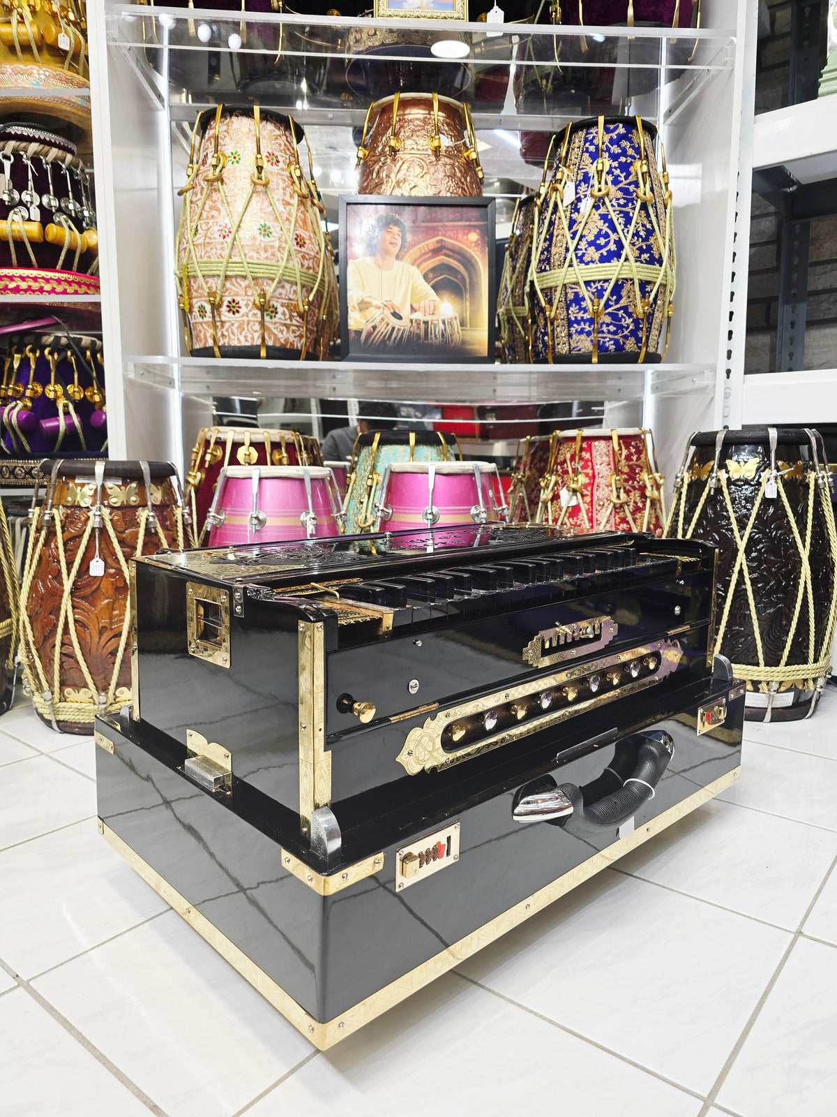 Obsidian Raag — 3-Reed Bass/Male/Female 9-Scale Changer Glossy Black Harmonium with Black Keys (Custom for Omesh)