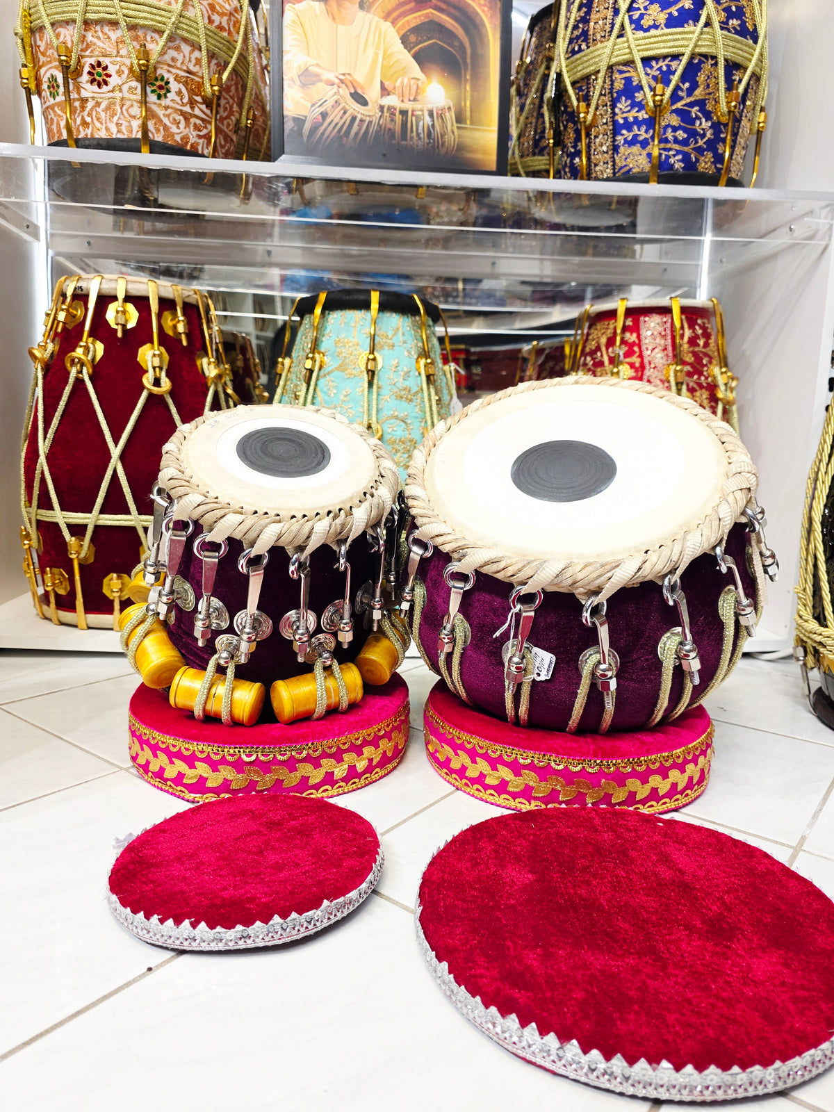 Gulkaar Naad — 5.75" C# Red Sheesham Dayan + 9.25" 5.7kg Copper Bayan Bolted Dark Purple Velvet Tabla Set Exceptional Sound *Rings Can Be Swapped Out