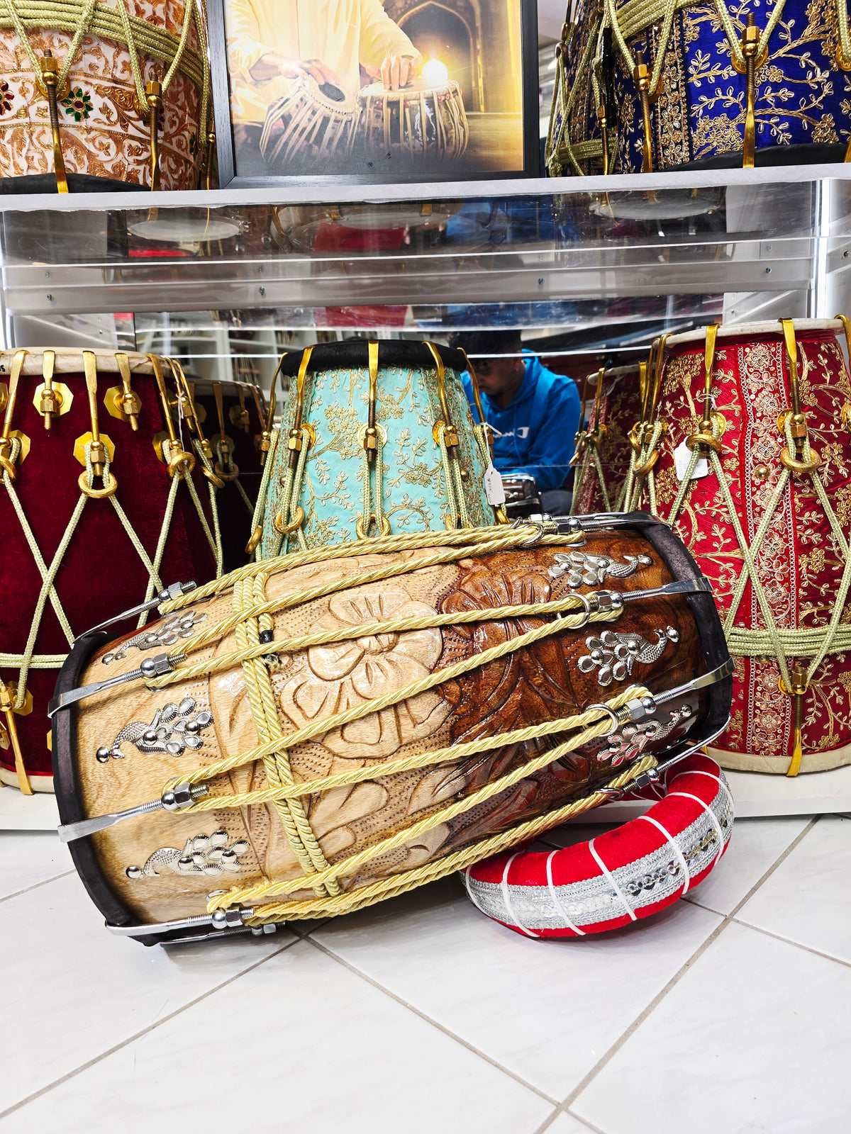 Kaali Naad — 20" Long, 15.8 lbs Encarved Chetram Gill Dholak with Black Skins *Minor Cosmetic Bass Skin Blemishes