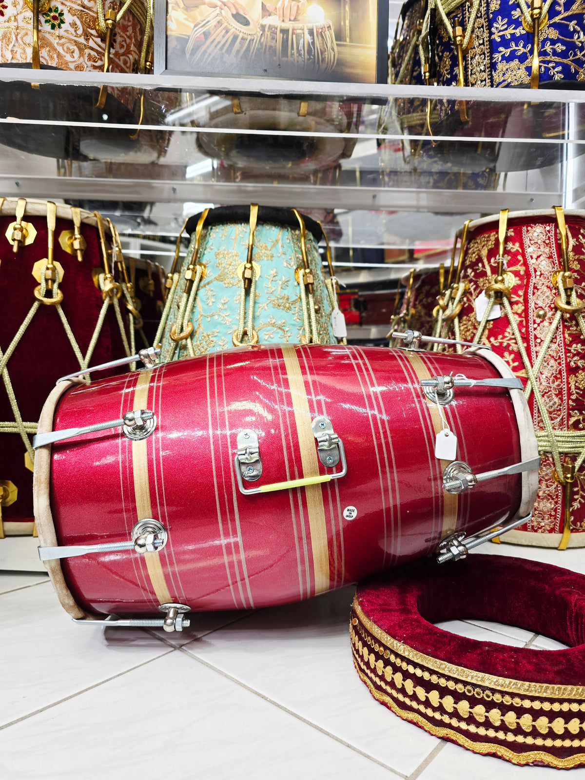 Scarlet Serenade: Red Painted Red Sheesham Dholak with Chrome Bolts and Handle *External Cosmetic Cracks