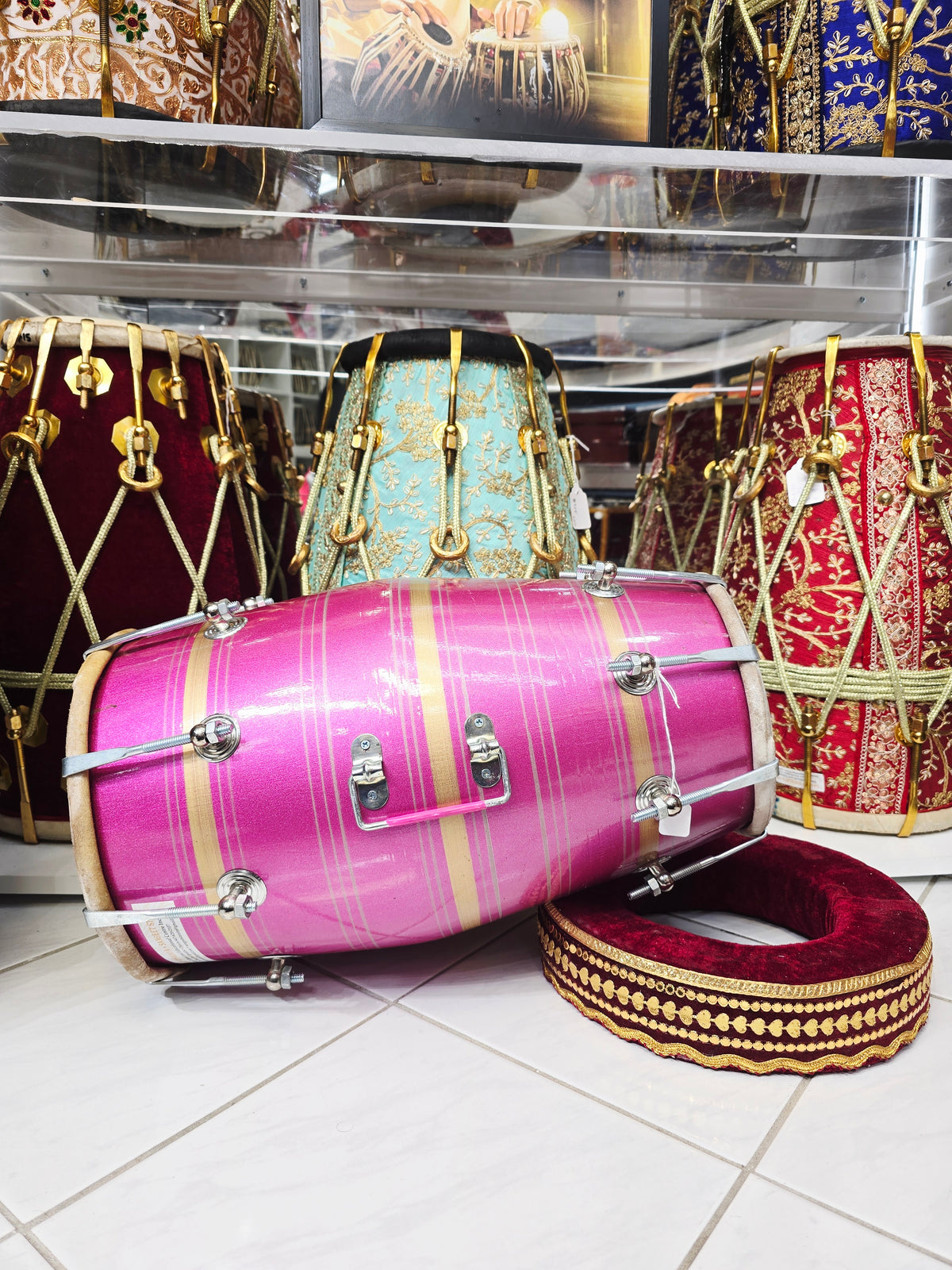 Blush Taal | Pink Painted Red Sheesham Student Dholak with Chrome Bolts & Handle – Cosmetic Defects (Minor External Crack) *Exceptional Sound