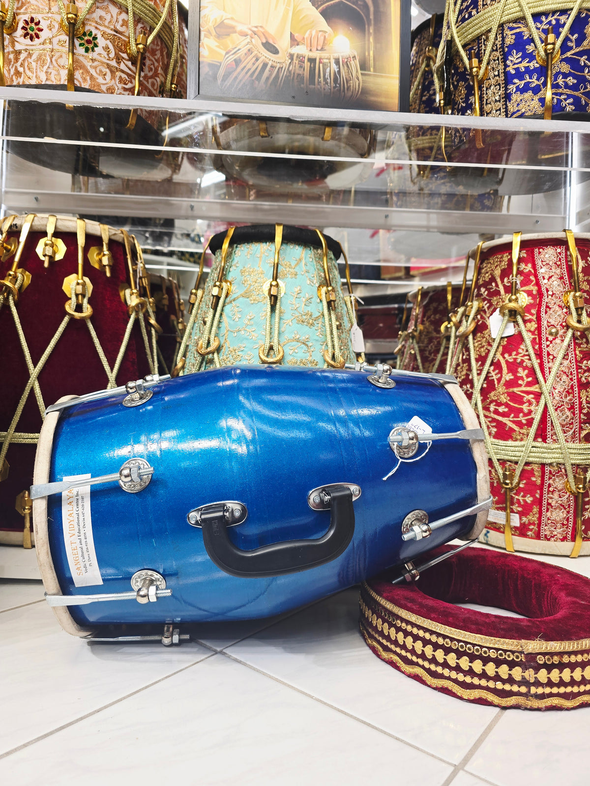 Indra Dhvani | Blue Student Dholak with Handle & Chrome Bolts – Minor Cosmetic Blemishes *Mediocre Sound