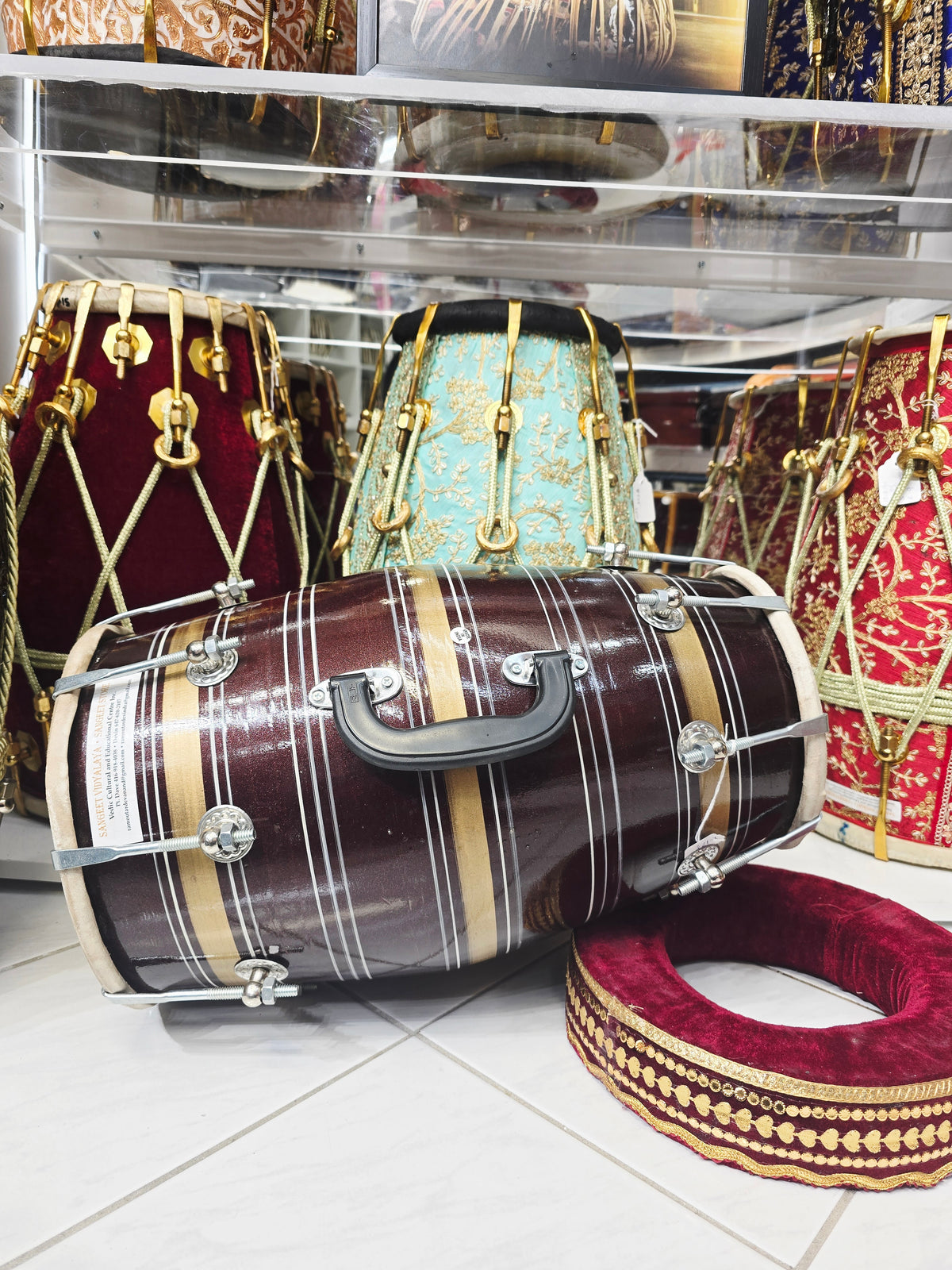 Mridang Taal | Brown Striped Student Dholak with Handle & Chrome Bolts – Very Minor Cosmetic Blemishes