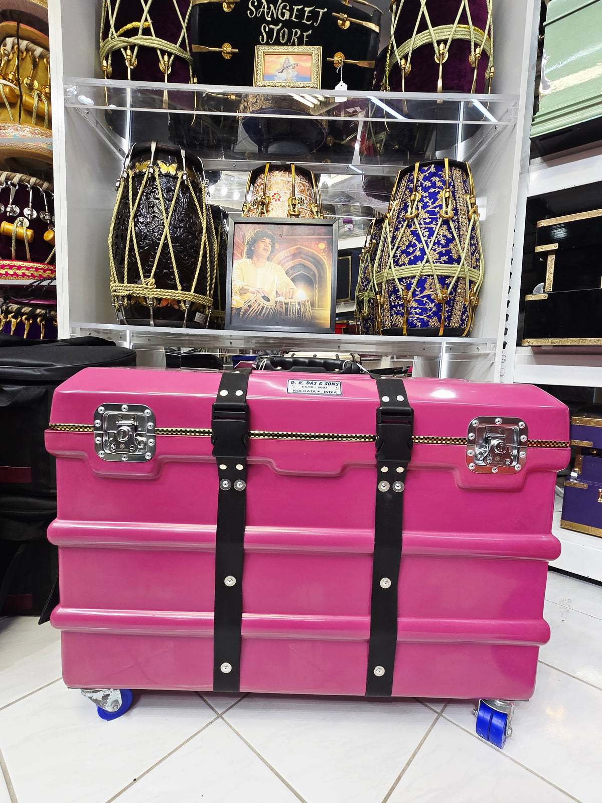 Royal Rāga Vault – Magenta Velvet-Lined Harmonium Case with 360° Wheels *Very Minor Cosmetic Blemishes - Sangeet Store