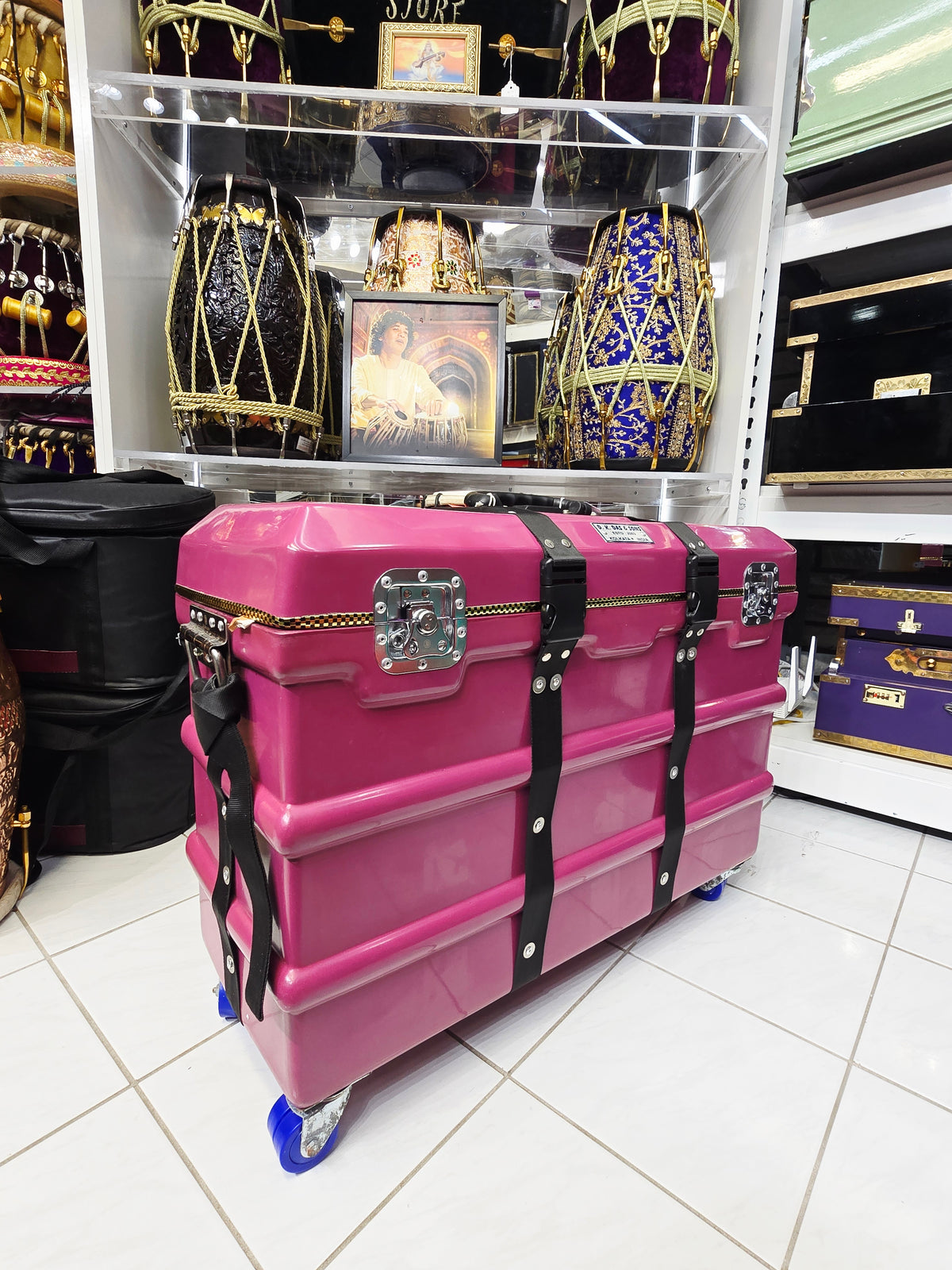 Royal Rāga Vault – Magenta Velvet-Lined Harmonium Case with 360° Wheels *Very Minor Cosmetic Blemishes - Sangeet Store